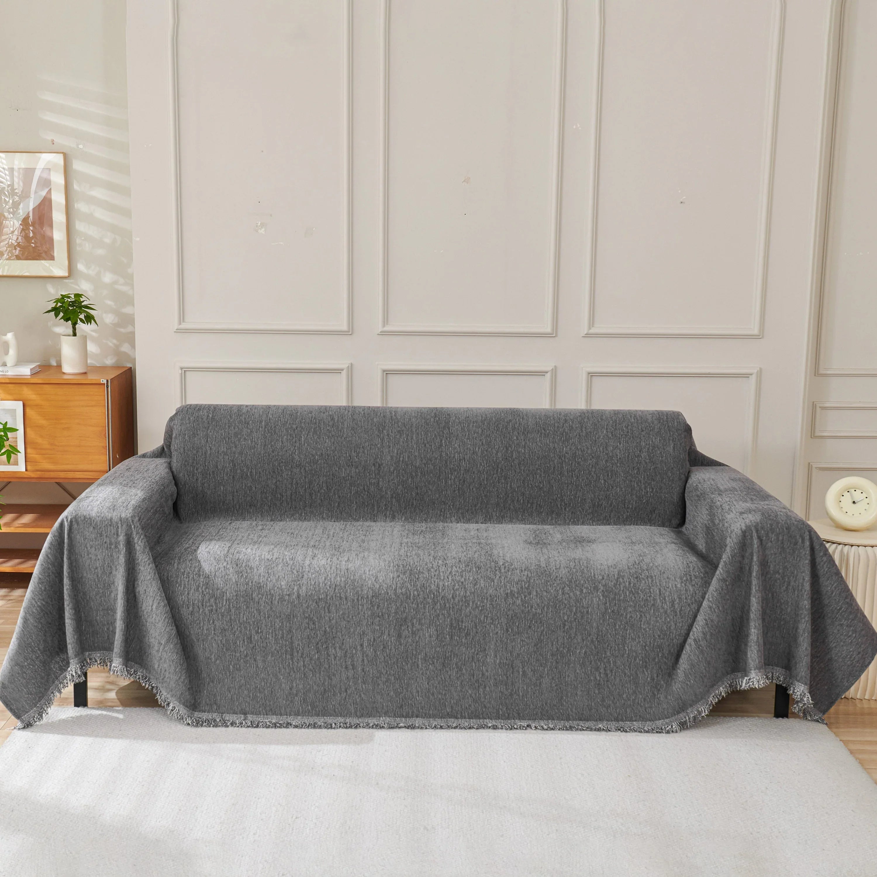 Solid Color Chenille Sofa Throw Blanket, Cozy & Easy Care Fringed Furniture Protector - TaroTextile