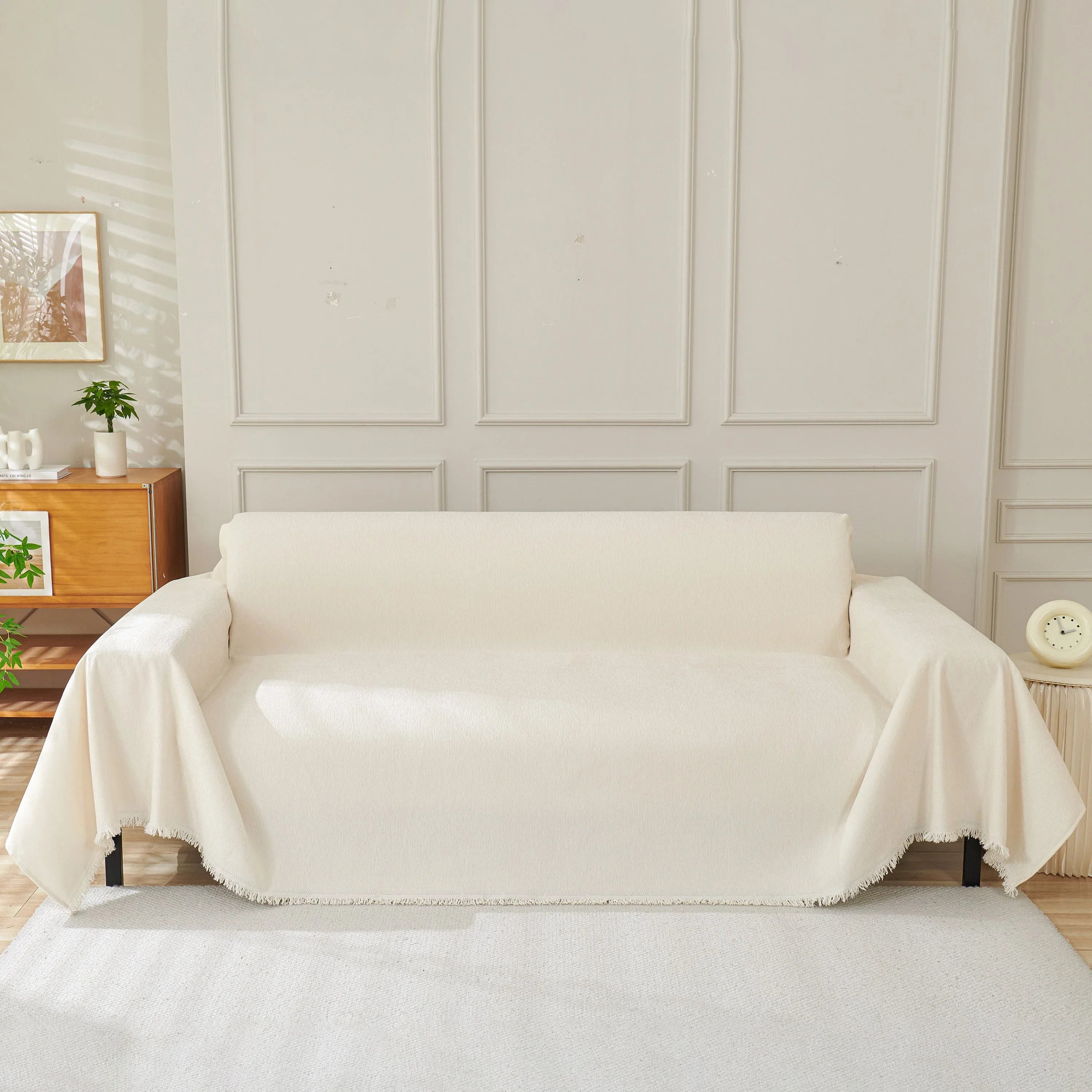 Solid Color Chenille Sofa Throw Blanket, Cozy & Easy Care Fringed Furniture Protector - TaroTextile
