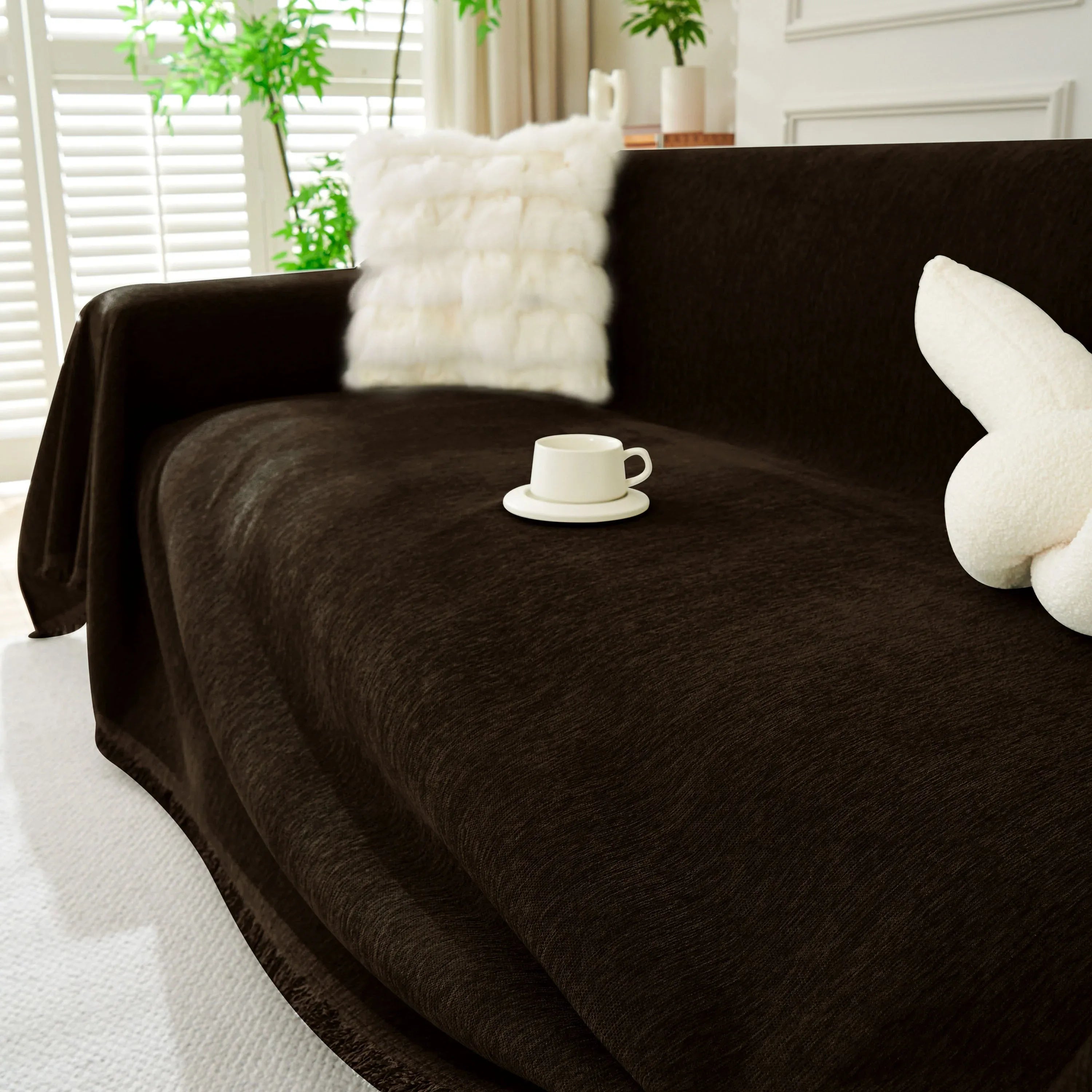 Solid Color Chenille Sofa Throw Blanket, Soft & Plush Decorative Couch Throw Cover - TaroTextile