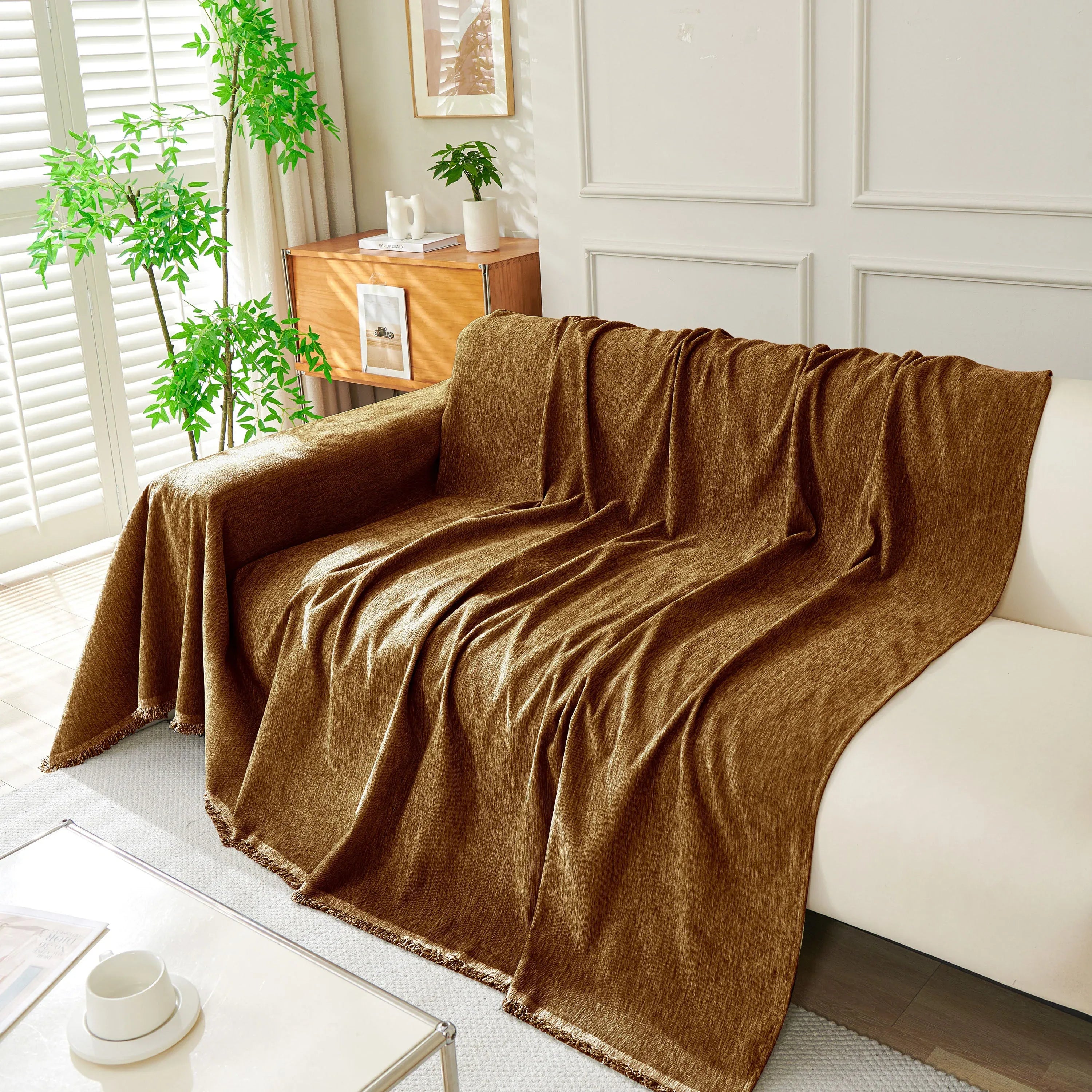 Solid Color Chenille Sofa Throw Blanket, Soft & Plush Decorative Couch Throw Cover - TaroTextile
