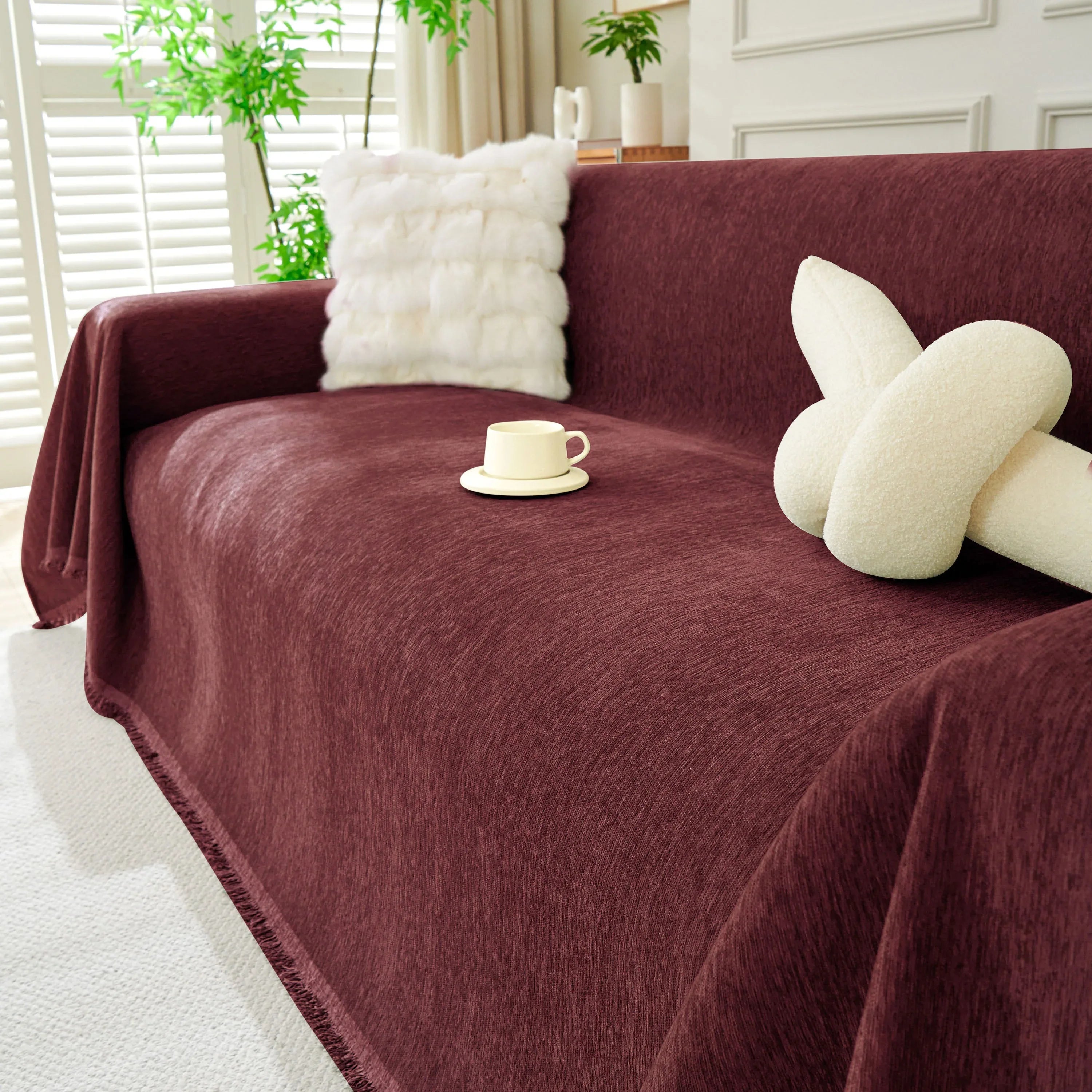 Solid Color Chenille Sofa Throw Blanket, Soft & Plush Decorative Couch Throw Cover - TaroTextile
