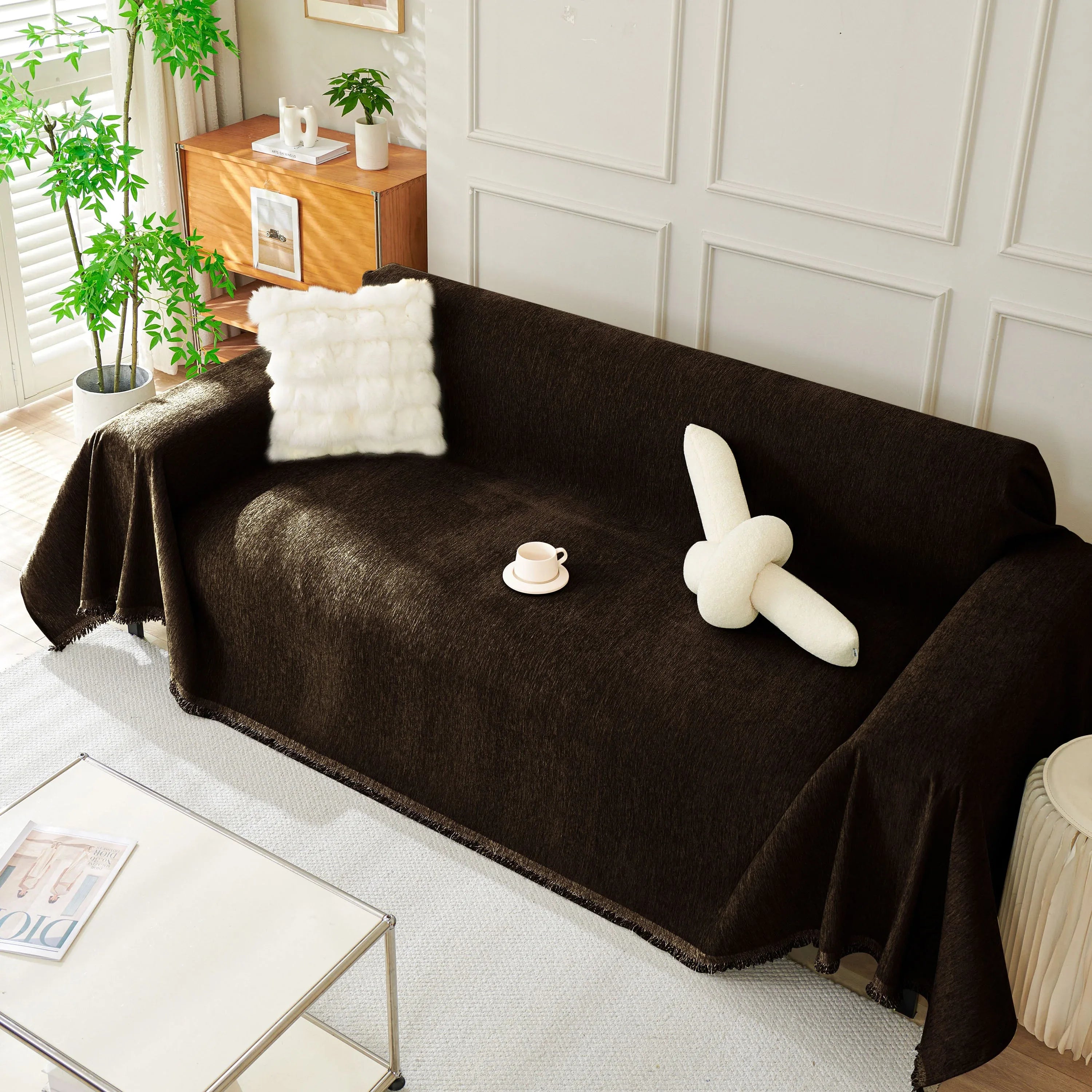 Solid Color Chenille Sofa Throw Blanket, Soft & Plush Decorative Couch Throw Cover - TaroTextile