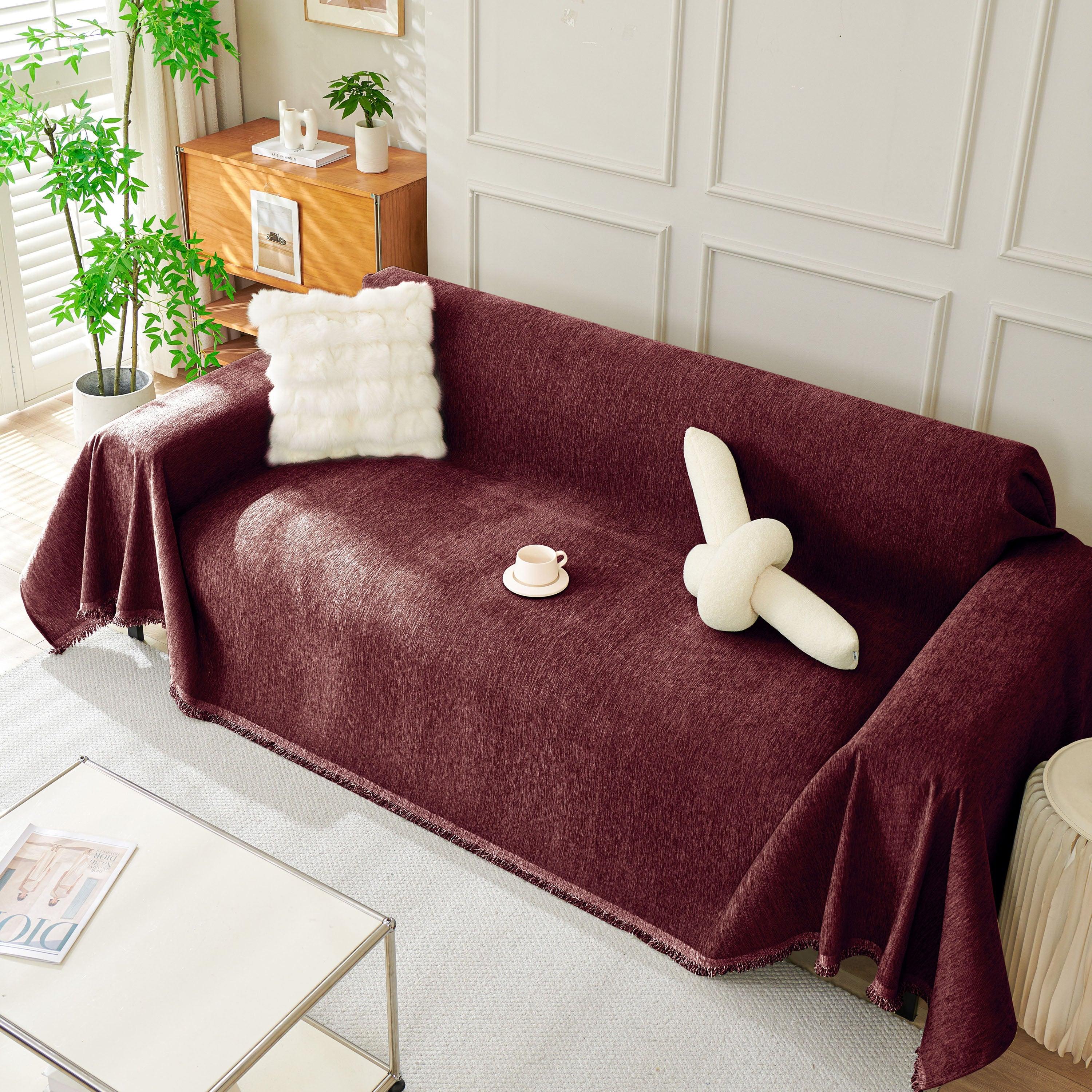Solid Color Chenille Sofa Throw Blanket, Soft & Plush Decorative Couch Throw Cover - TaroTextile