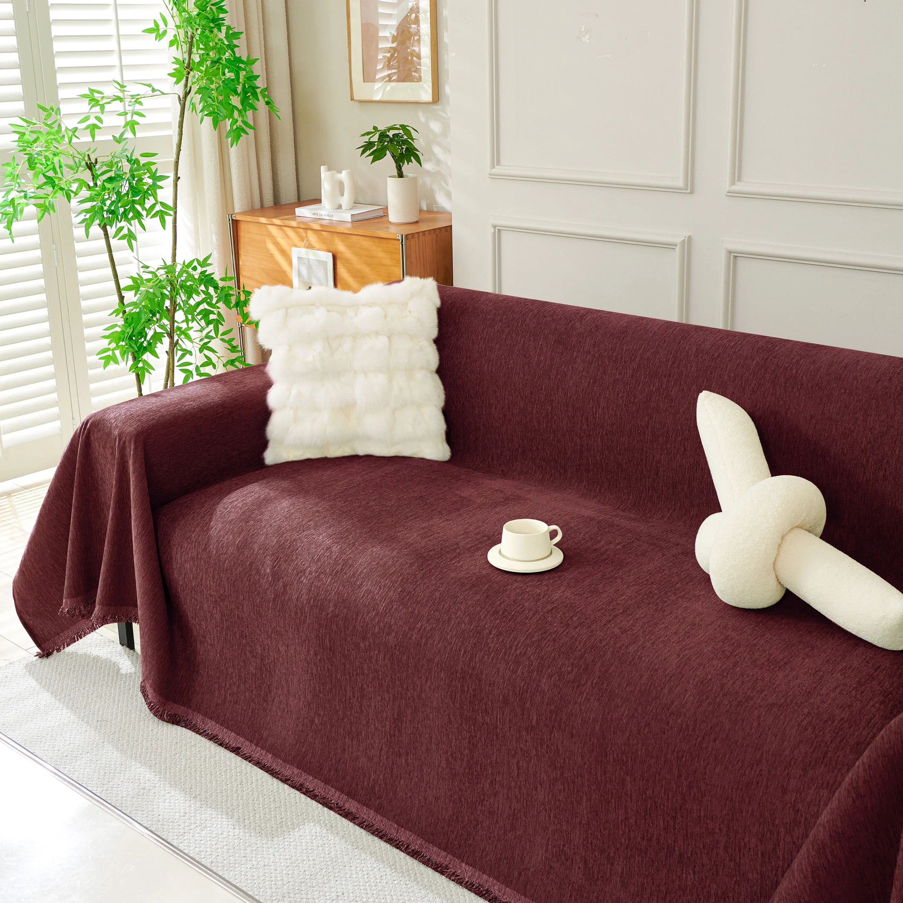 Solid Color Chenille Sofa Throw Blanket, Soft & Plush Decorative Couch Throw Cover - TaroTextile
