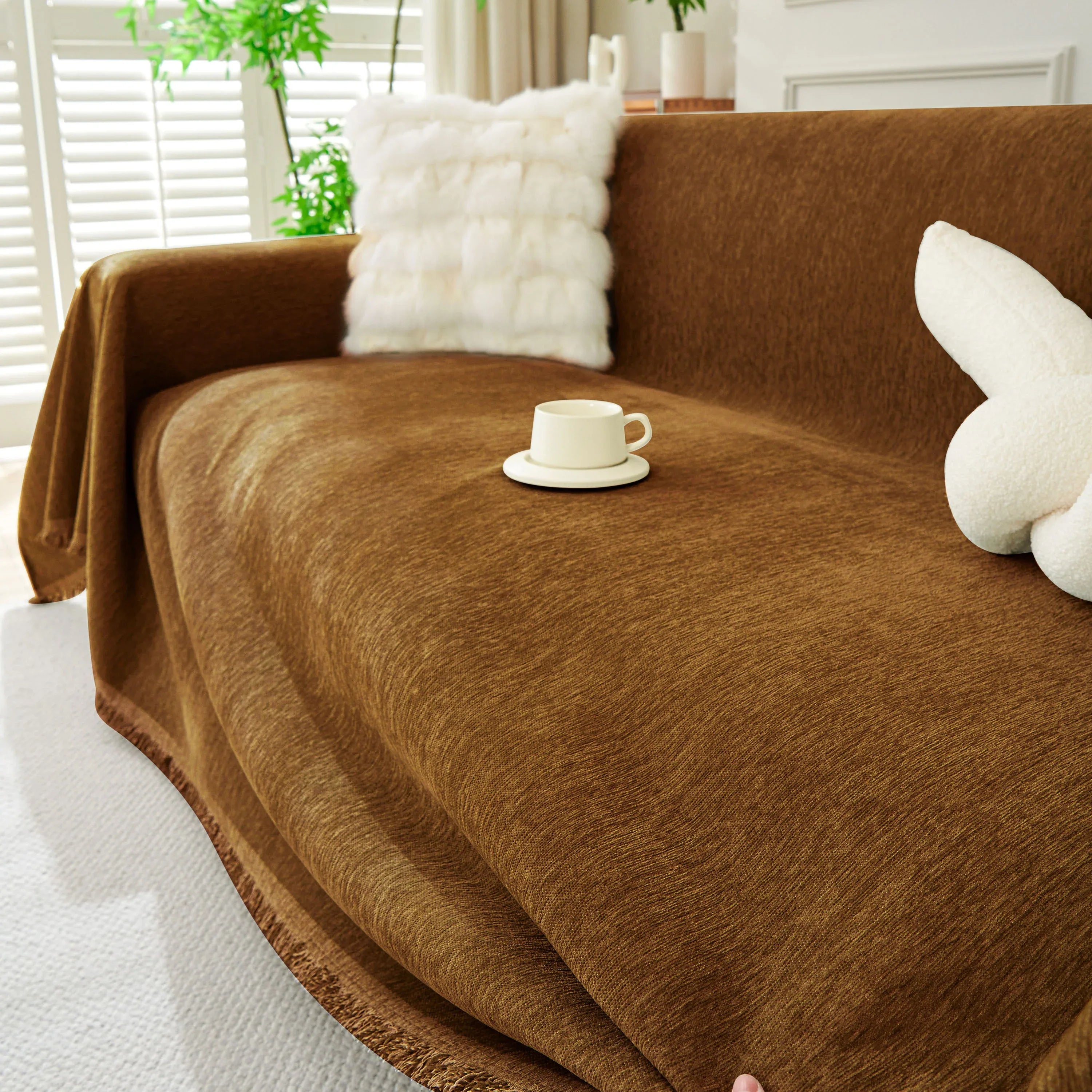 Solid Color Chenille Sofa Throw Blanket, Soft & Plush Decorative Couch Throw Cover - TaroTextile