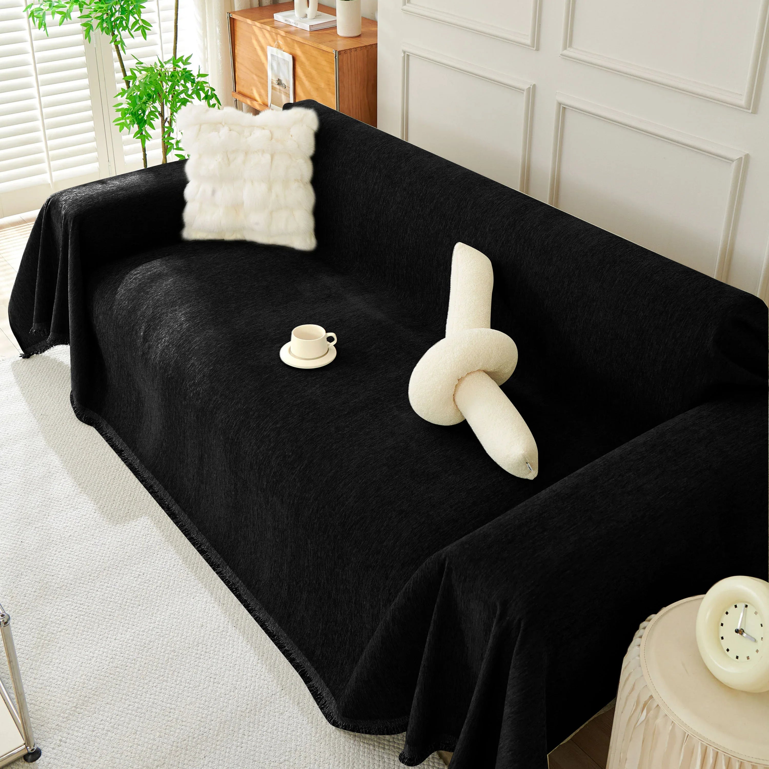 Solid Color Chenille Sofa Throw Blanket, Soft & Plush Decorative Couch Throw Cover - TaroTextile