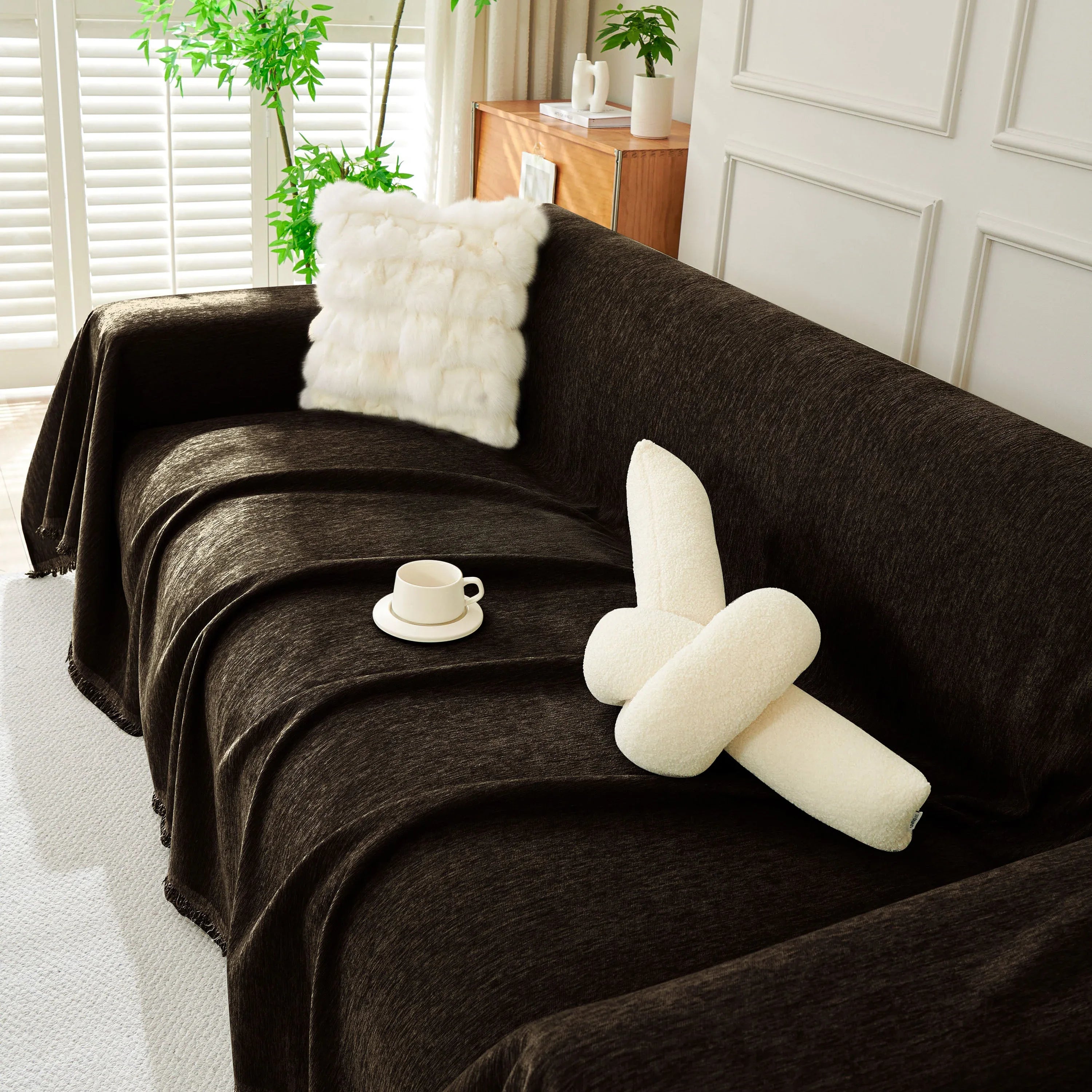 Solid Color Chenille Sofa Throw Blanket, Soft & Plush Decorative Couch Throw Cover - TaroTextile