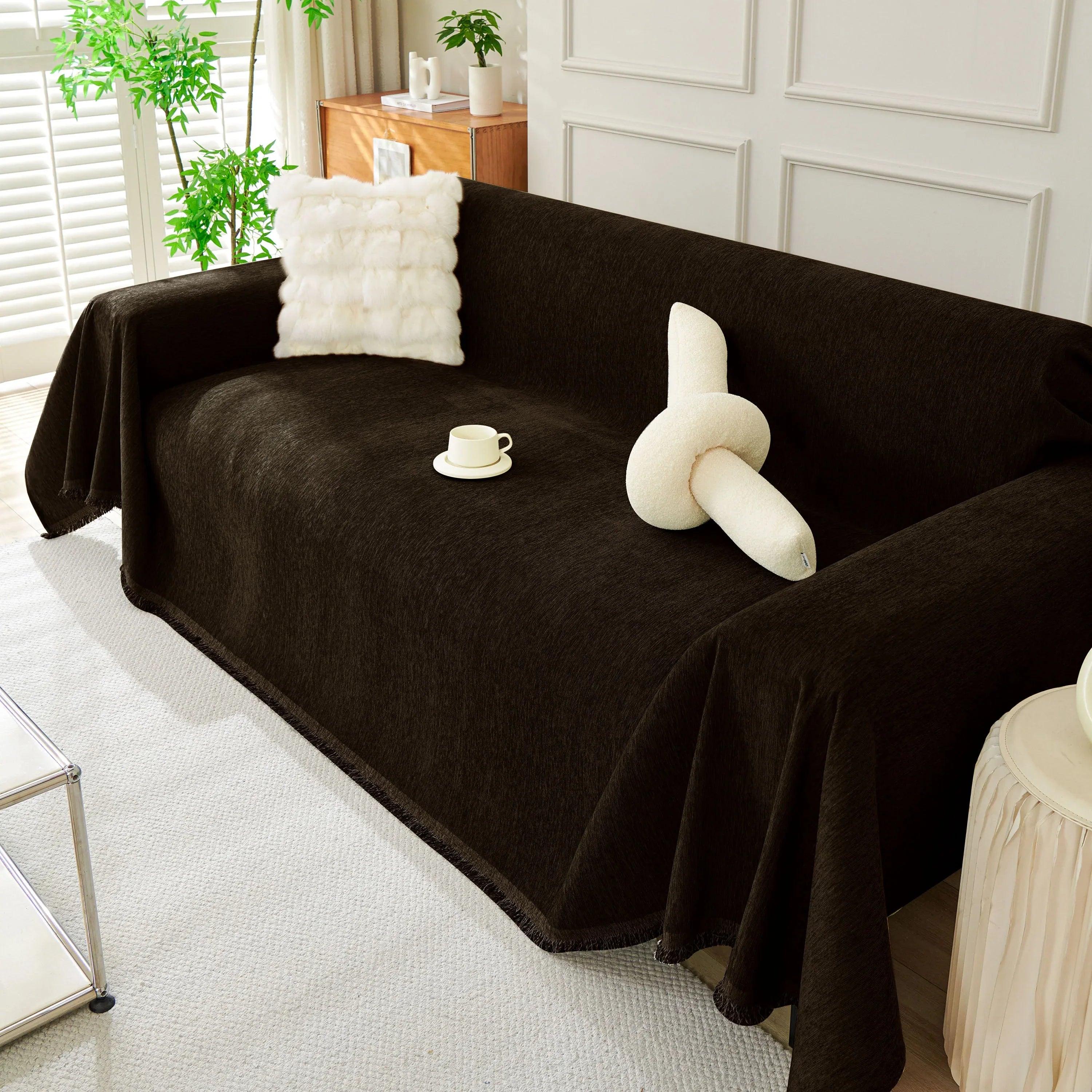 Solid Color Chenille Sofa Throw Blanket, Soft & Plush Decorative Couch Throw Cover - TaroTextile
