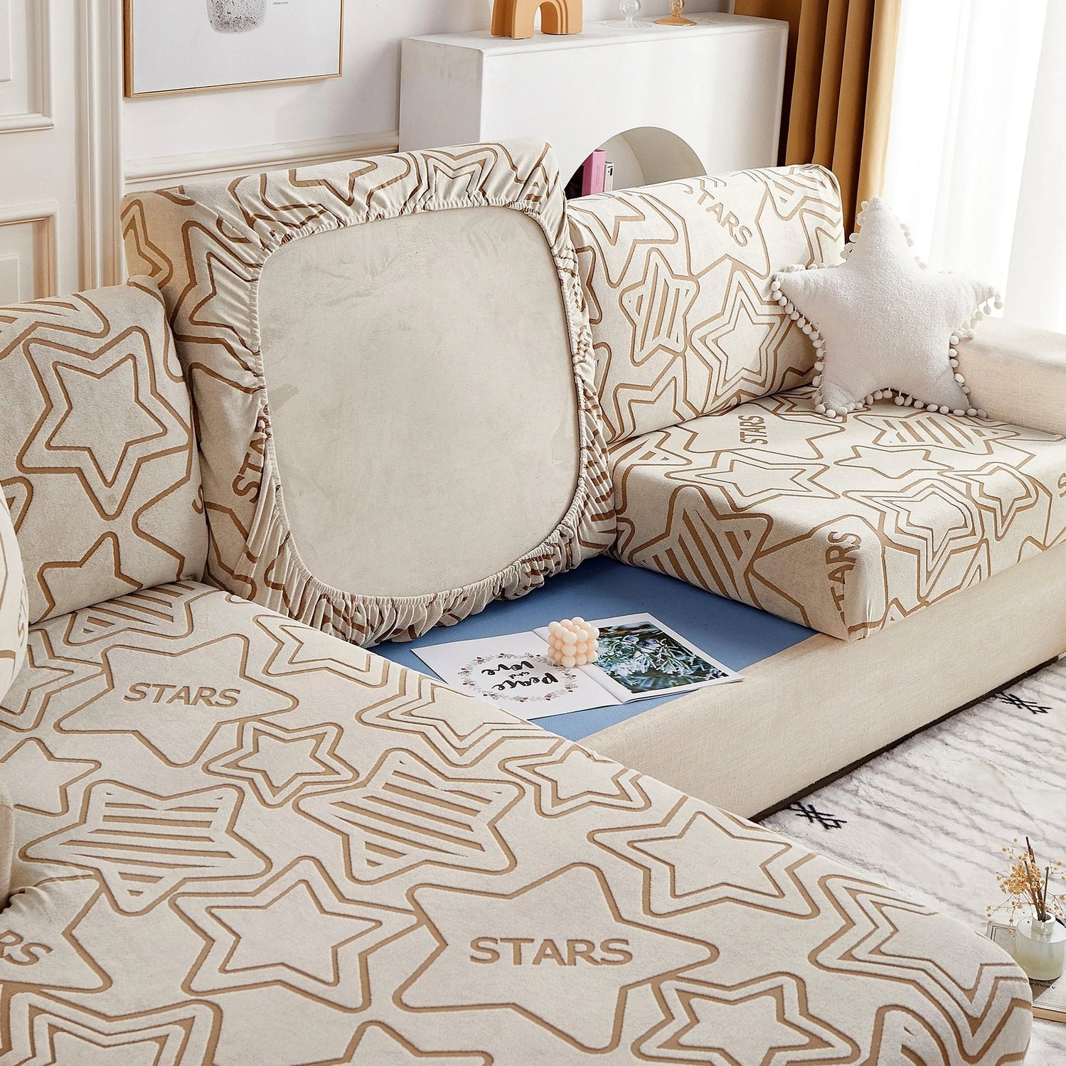 Starry Sky Jacquard Fleece Stretchable Non-Slip Cushion Covers Furniture Covers for L-Shaped Couch - TaroTextile