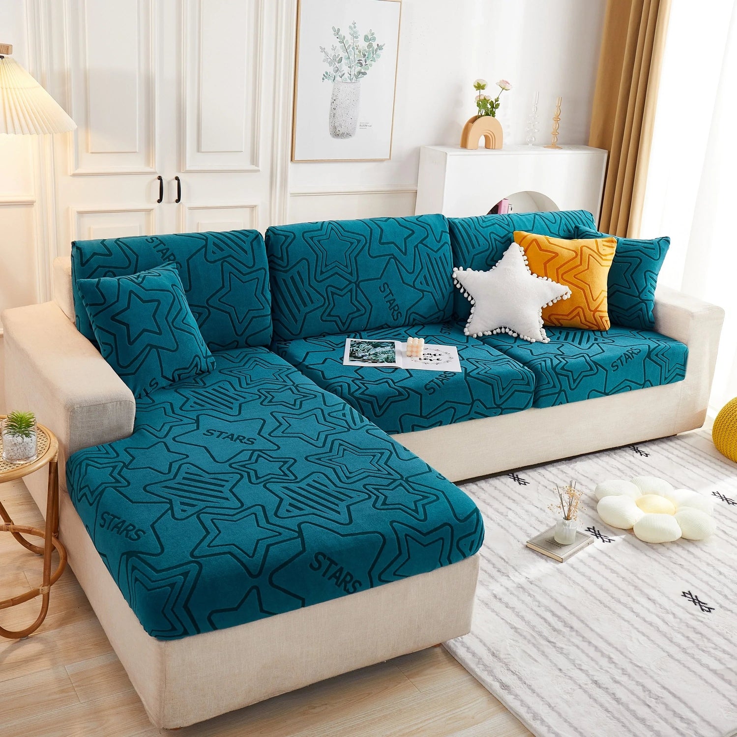 Starry Sky Jacquard Fleece Stretchable Non-Slip Cushion Covers Furniture Covers for L-Shaped Couch - TaroTextile