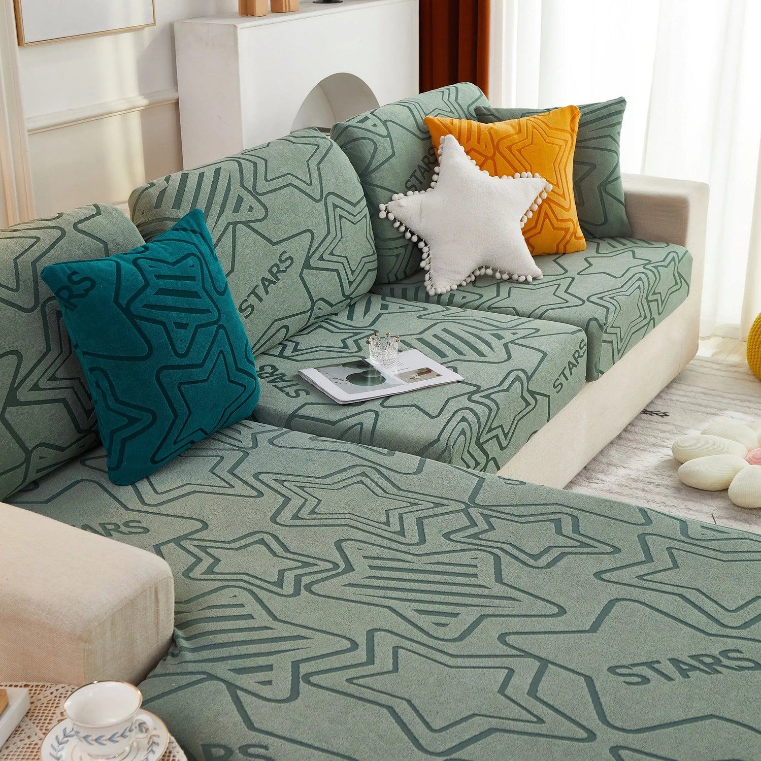 Starry Sky Jacquard Fleece Stretchable Non-Slip Cushion Covers Furniture Covers for L-Shaped Couch - TaroTextile