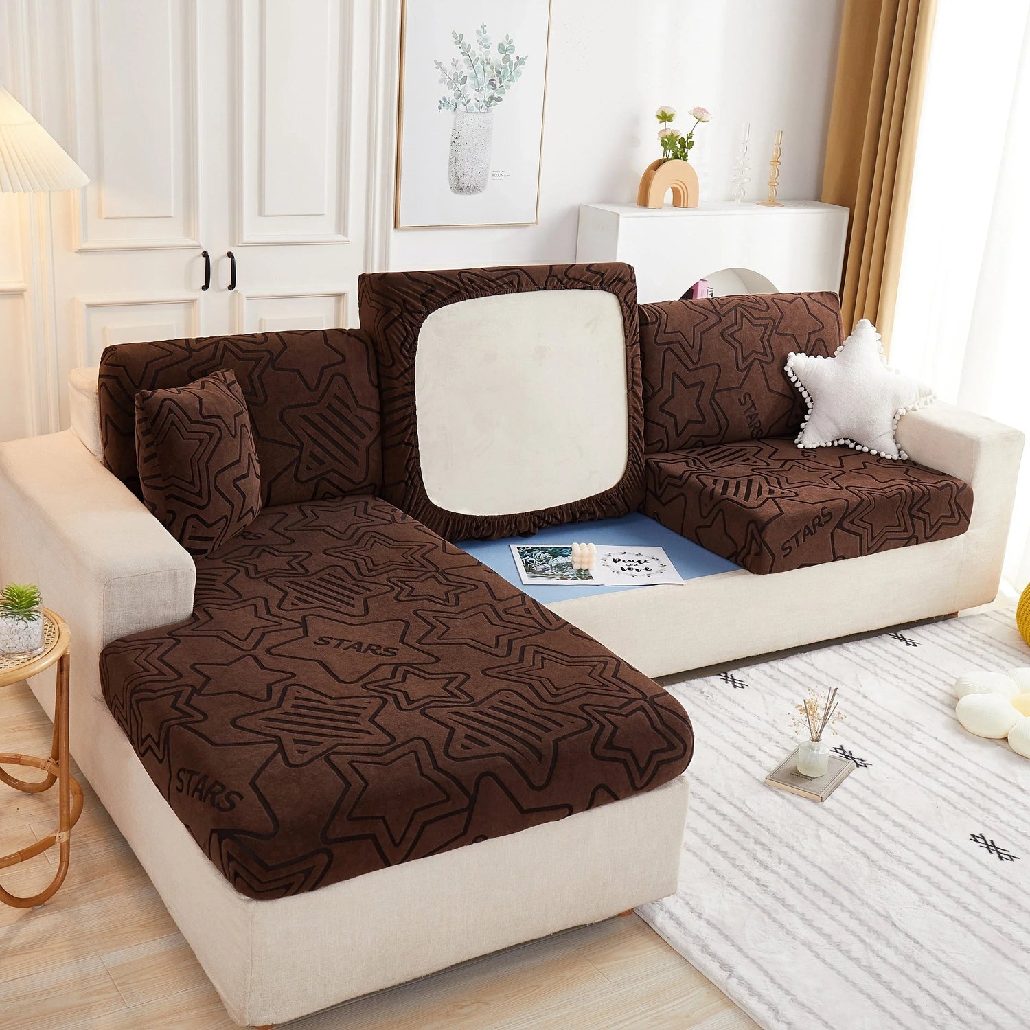 Starry Sky Jacquard Fleece Stretchable Non-Slip Cushion Covers Furniture Covers for L-Shaped Couch - TaroTextile