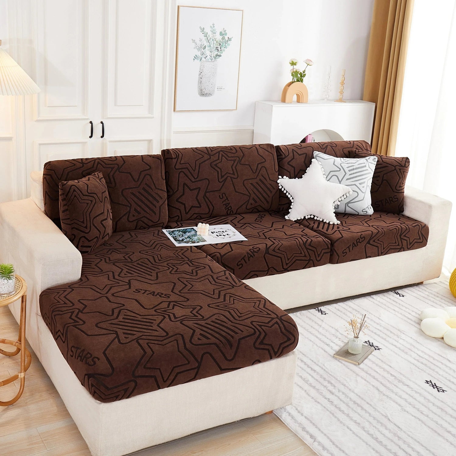 Starry Sky Jacquard Fleece Stretchable Non-Slip Cushion Covers Furniture Covers for L-Shaped Couch - TaroTextile