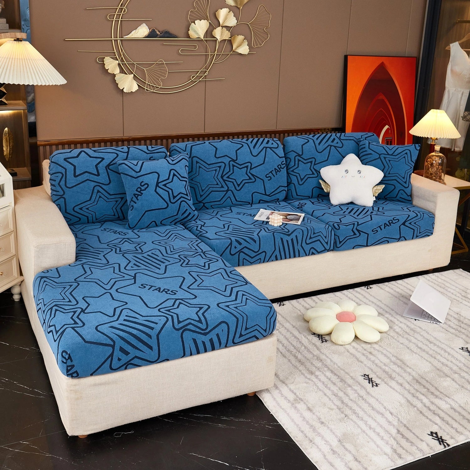 Starry Sky Jacquard Fleece Stretchable Non-Slip Cushion Covers Furniture Covers for L-Shaped Couch - TaroTextile