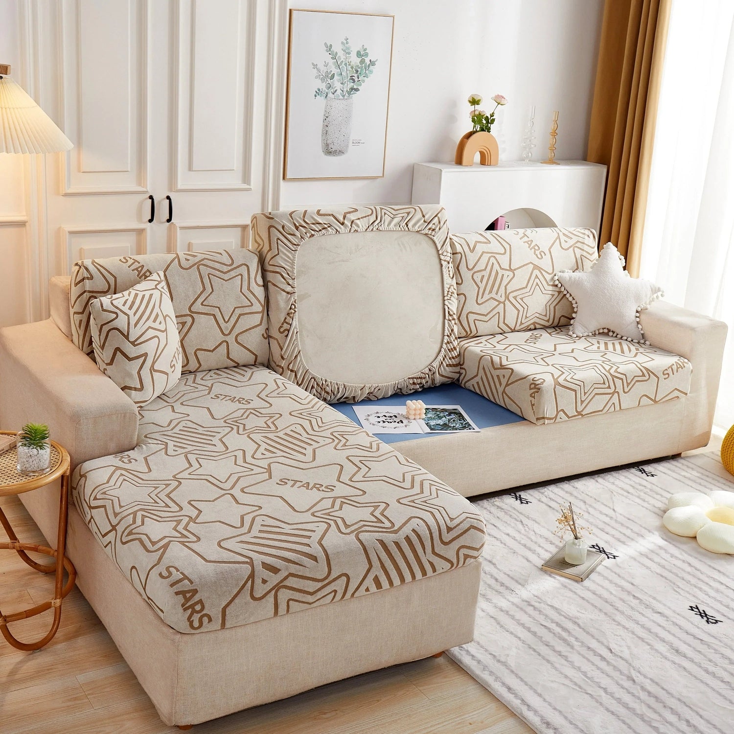 Starry Sky Jacquard Fleece Stretchable Non-Slip Cushion Covers Furniture Covers for L-Shaped Couch - TaroTextile