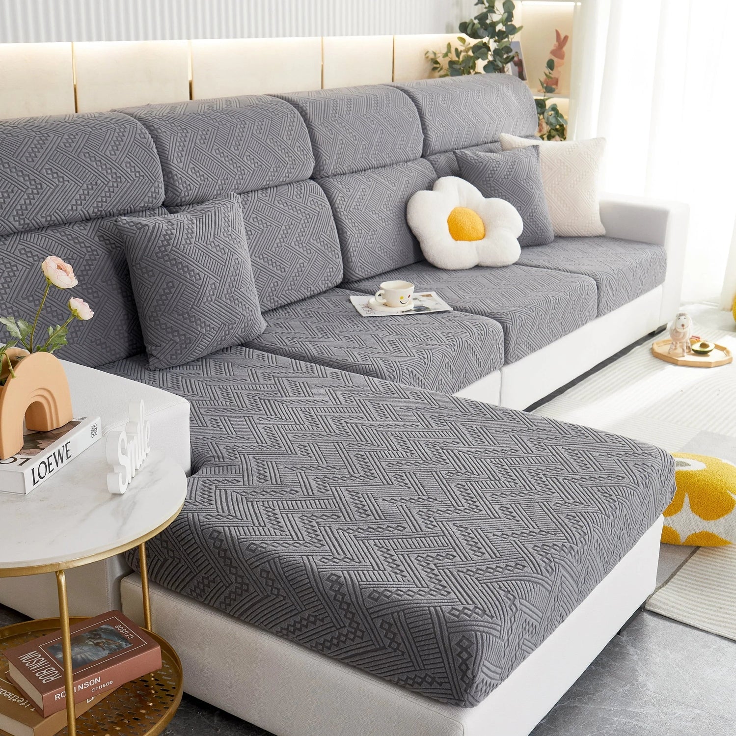 Stretch Jacquard Fleece Settee Cushion Covers, Stylish Non Slip Couch Cushion Covers for Sectional Sofas - TaroTextile