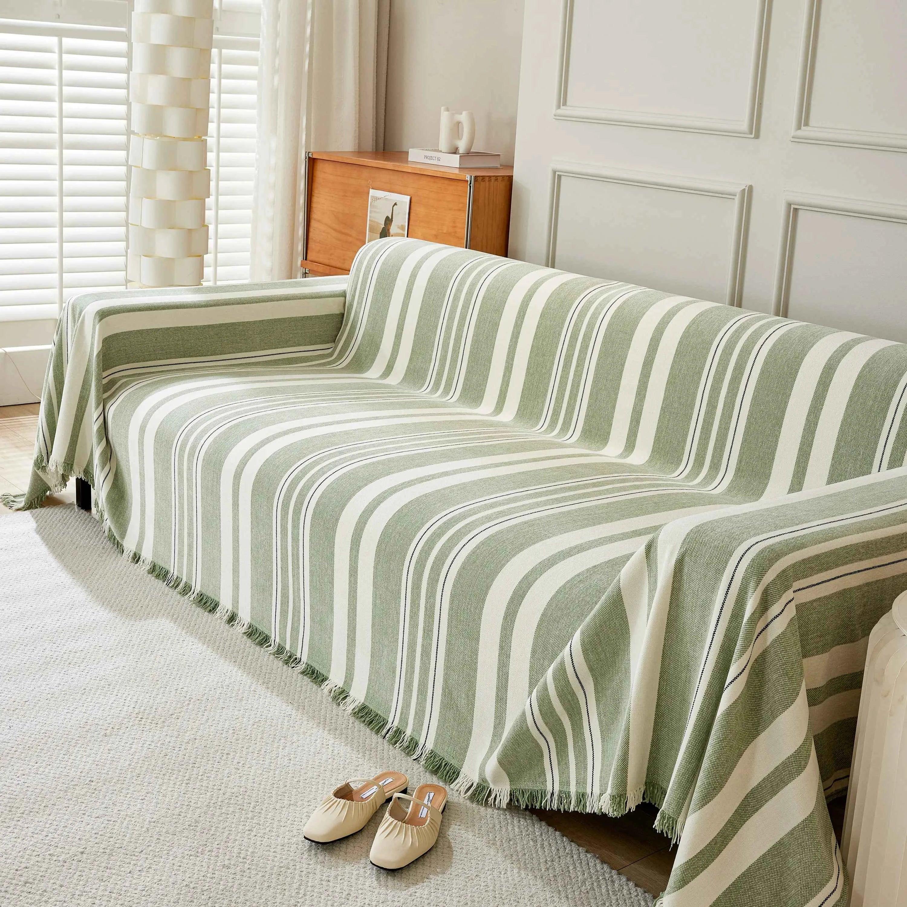 Striped Chenille Sofa Slipcover Throw, Soft Thick Washable Couch Cover Blanket - TaroTextile