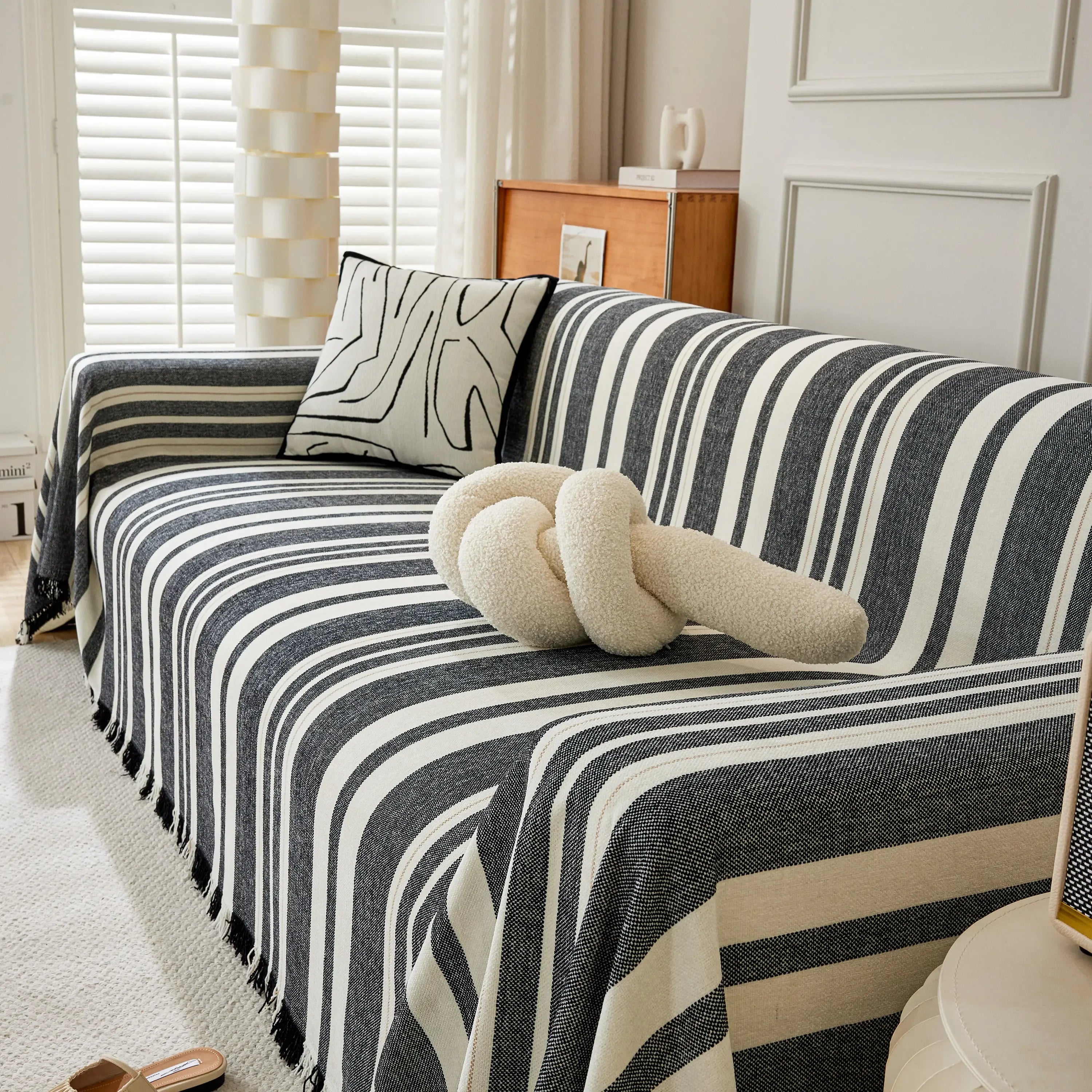 Striped Chenille Sofa Slipcover Throw, Soft Thick Washable Couch Cover Blanket - TaroTextile