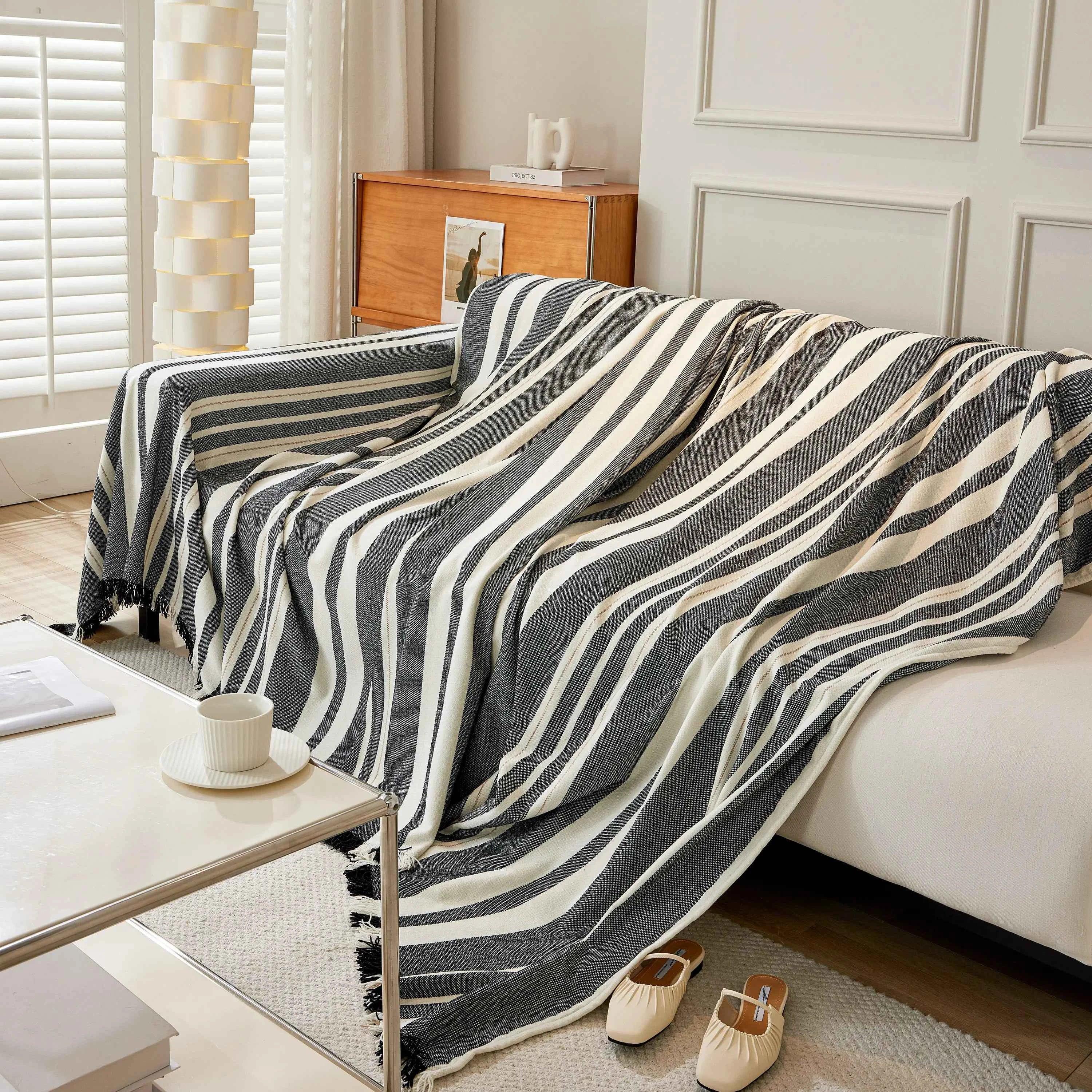 Striped Chenille Sofa Slipcover Throw, Soft Thick Washable Couch Cover Blanket - TaroTextile