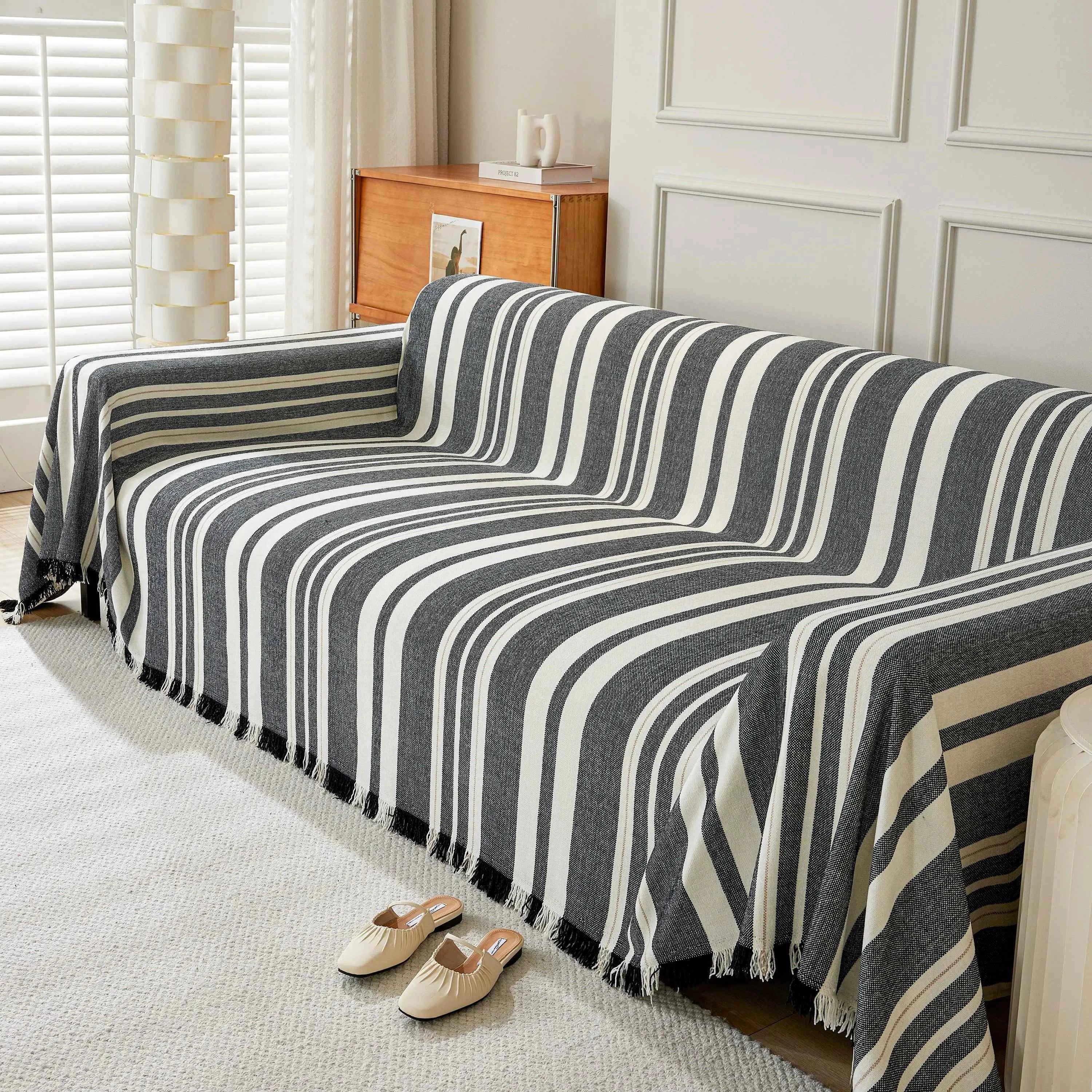 Striped Chenille Sofa Slipcover Throw, Soft Thick Washable Couch Cover Blanket - TaroTextile