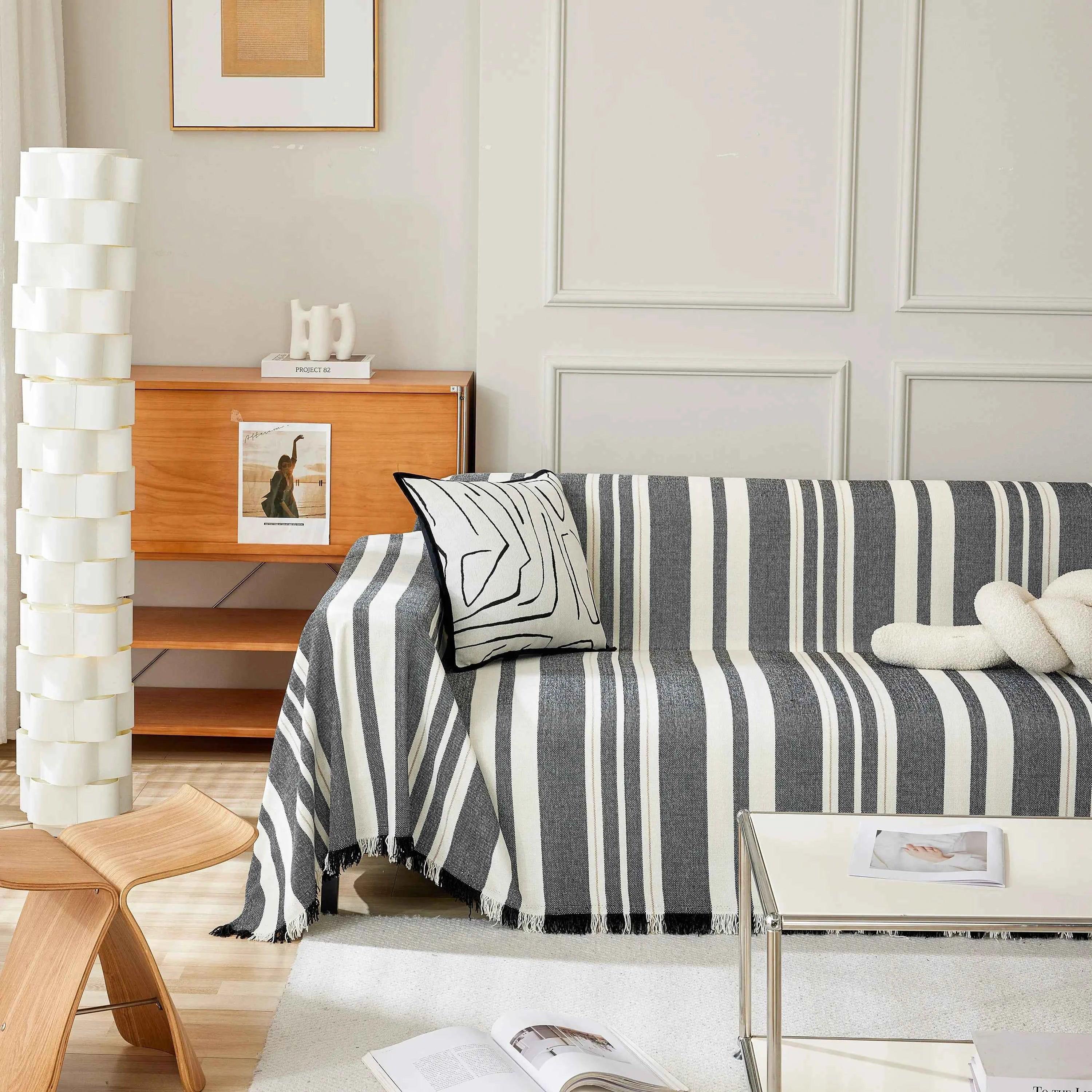 Striped Chenille Sofa Slipcover Throw, Soft Thick Washable Couch Cover Blanket - TaroTextile