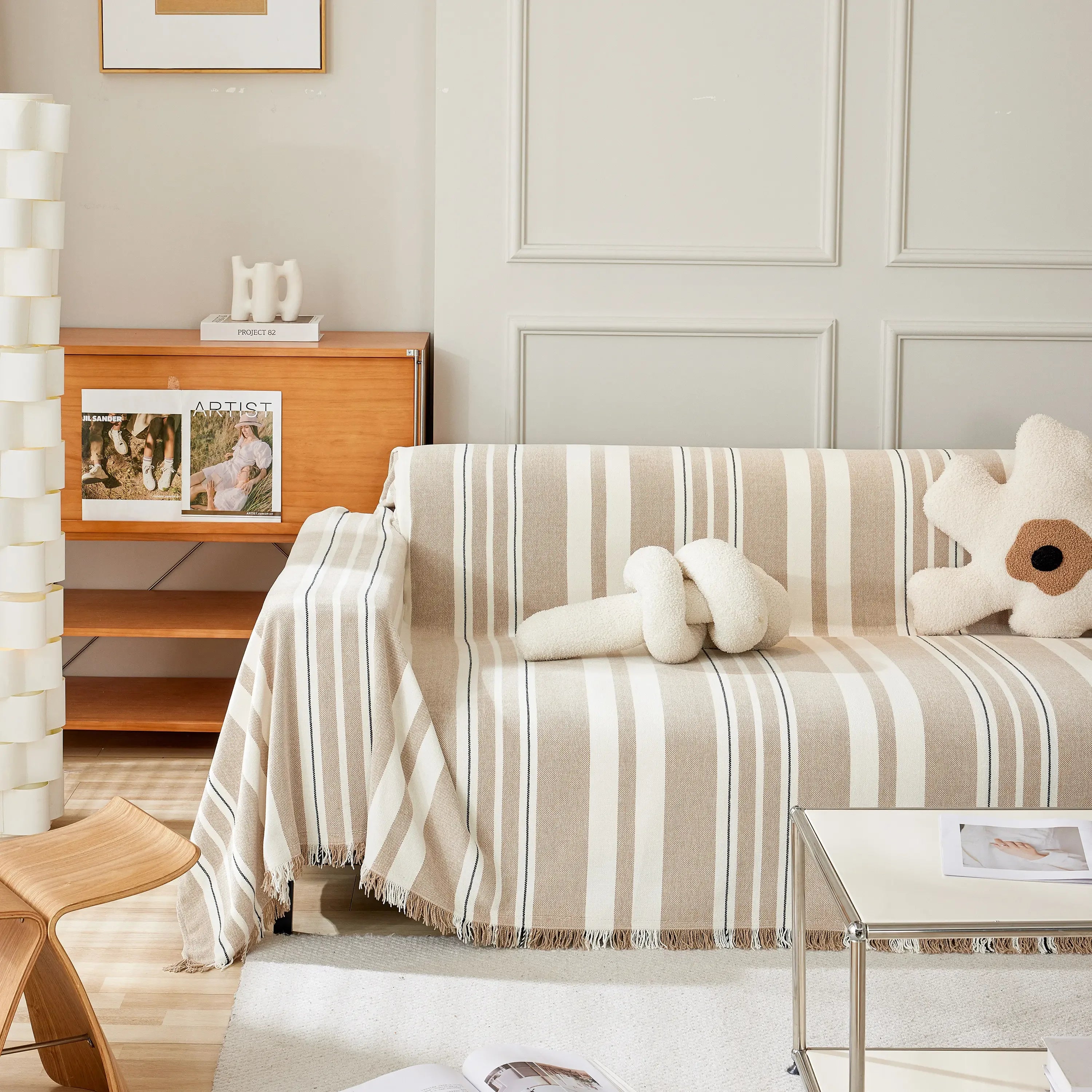 Striped Chenille Sofa Slipcover Throw, Soft Thick Washable Couch Cover Blanket - TaroTextile