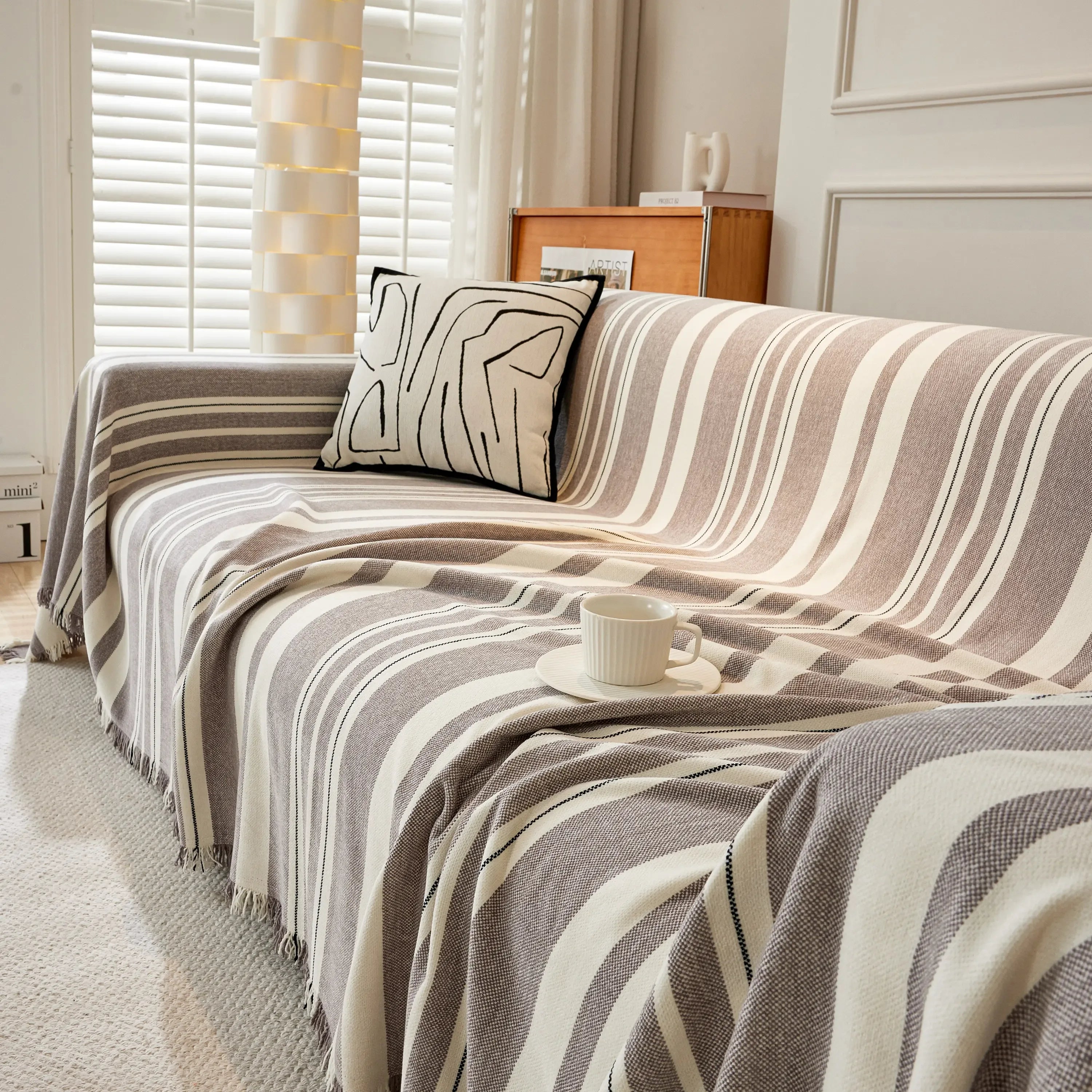 Striped Chenille Sofa Slipcover Throw, Soft Thick Washable Couch Cover Blanket - TaroTextile