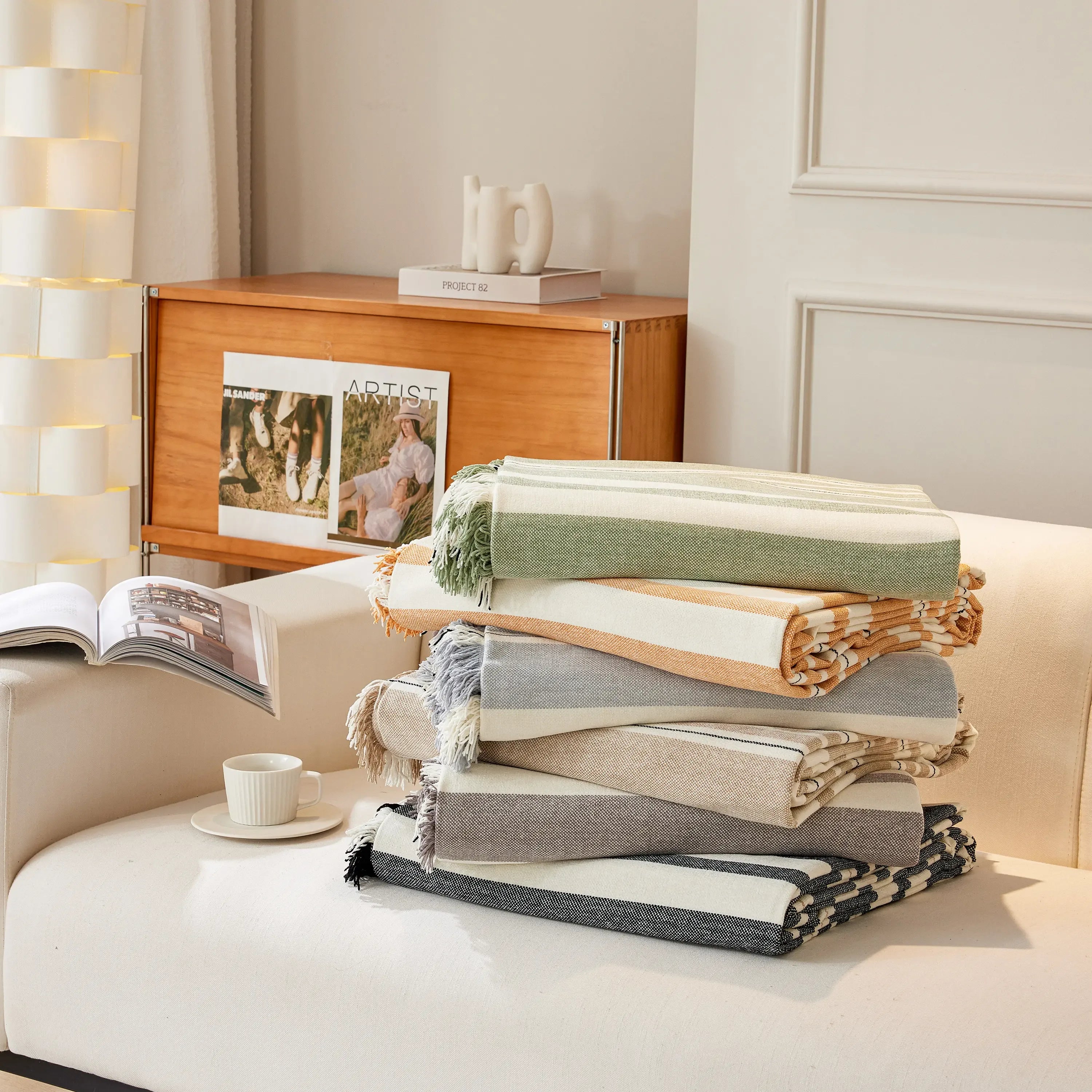 Striped Chenille Sofa Slipcover Throw, Soft Thick Washable Couch Cover Blanket - TaroTextile