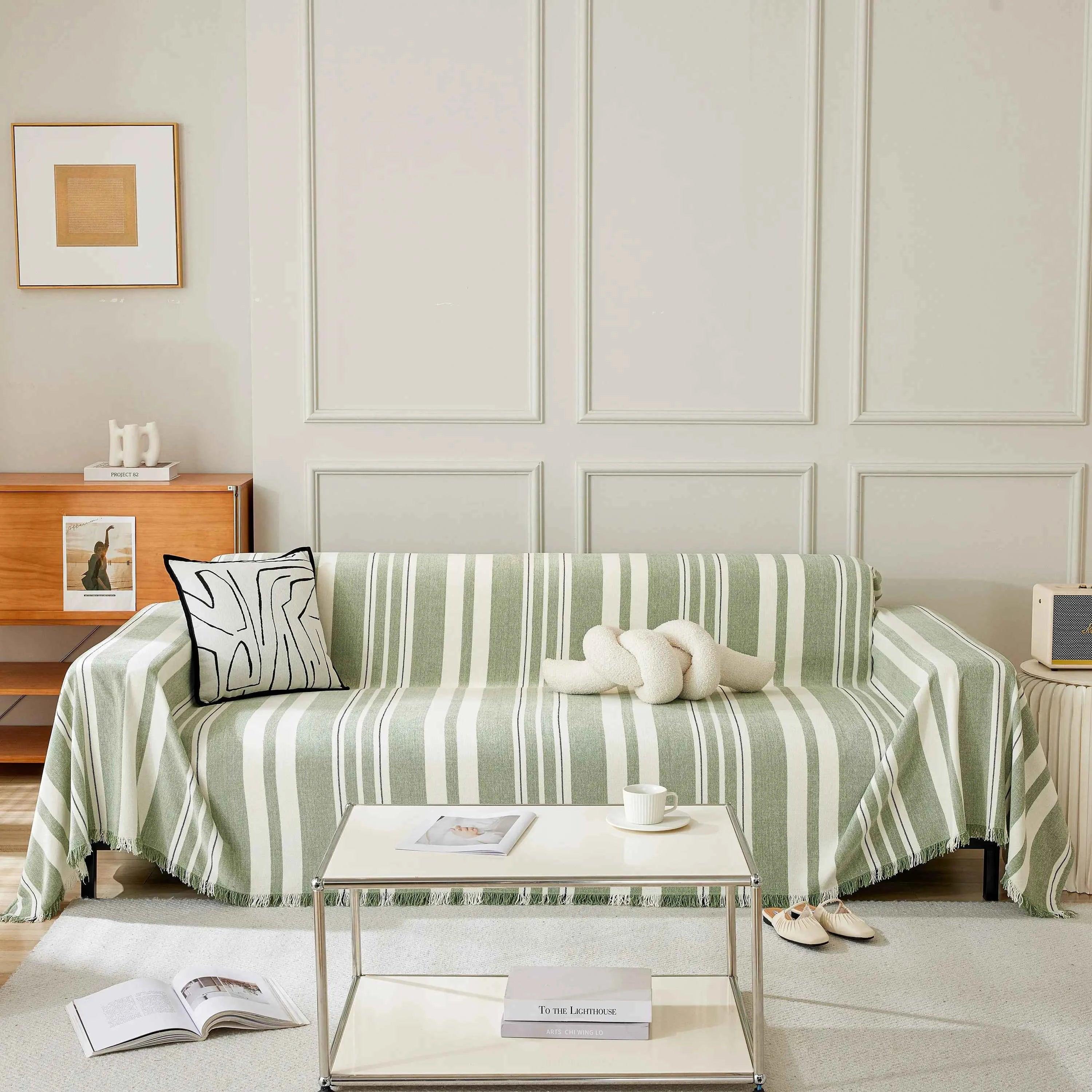 Striped Chenille Sofa Slipcover Throw, Soft Thick Washable Couch Cover Blanket - TaroTextile