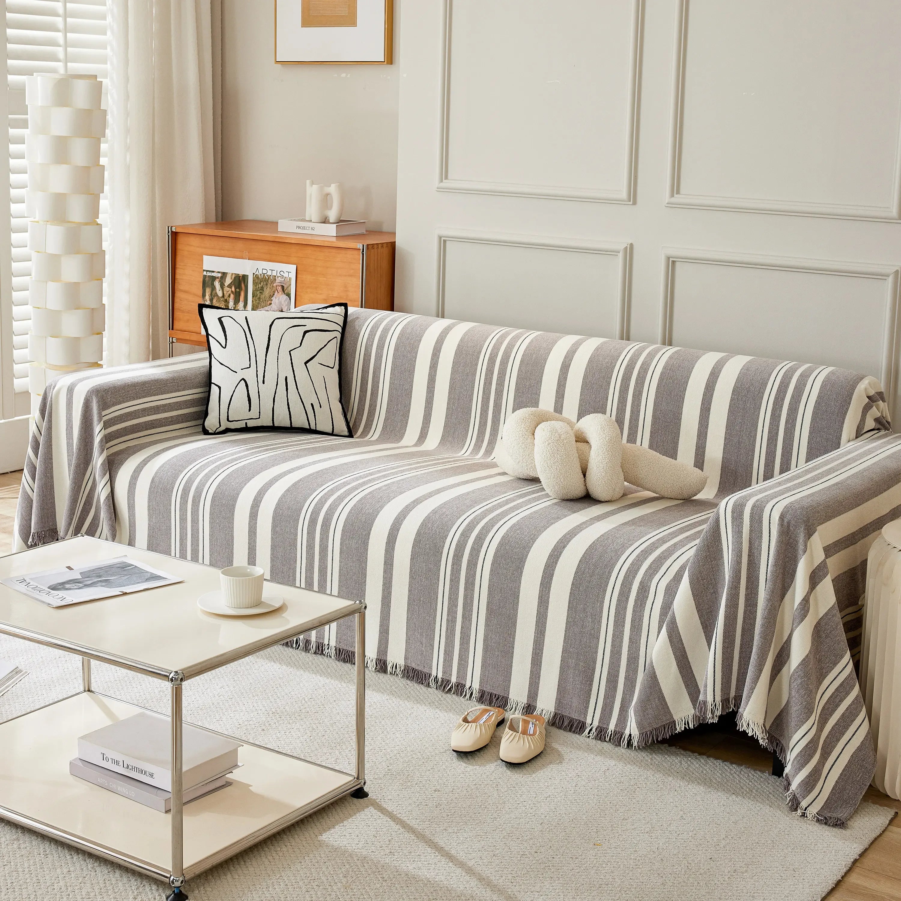 Striped Chenille Sofa Slipcover Throw, Soft Thick Washable Couch Cover Blanket - TaroTextile