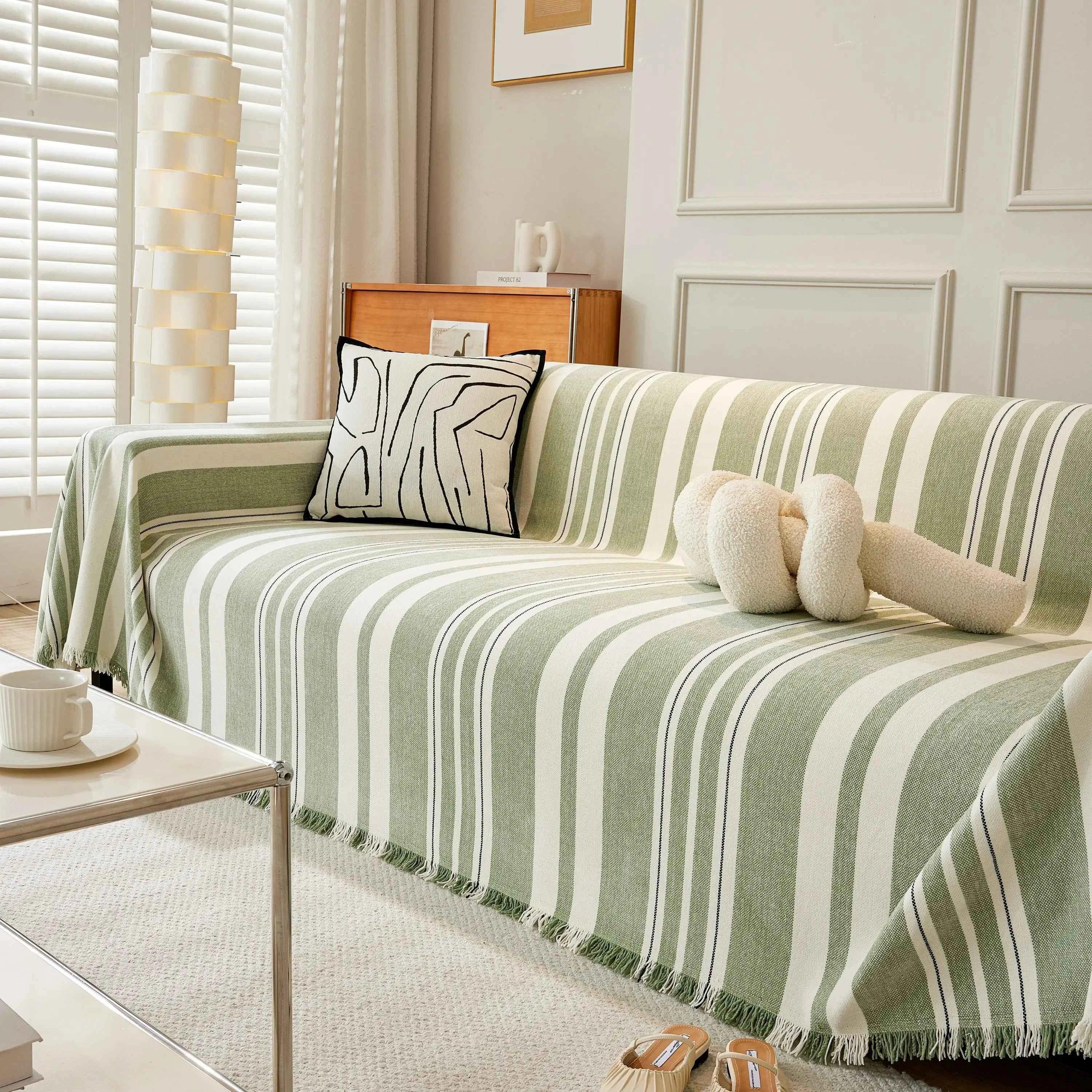 Striped Chenille Sofa Slipcover Throw, Soft Thick Washable Couch Cover Blanket - TaroTextile
