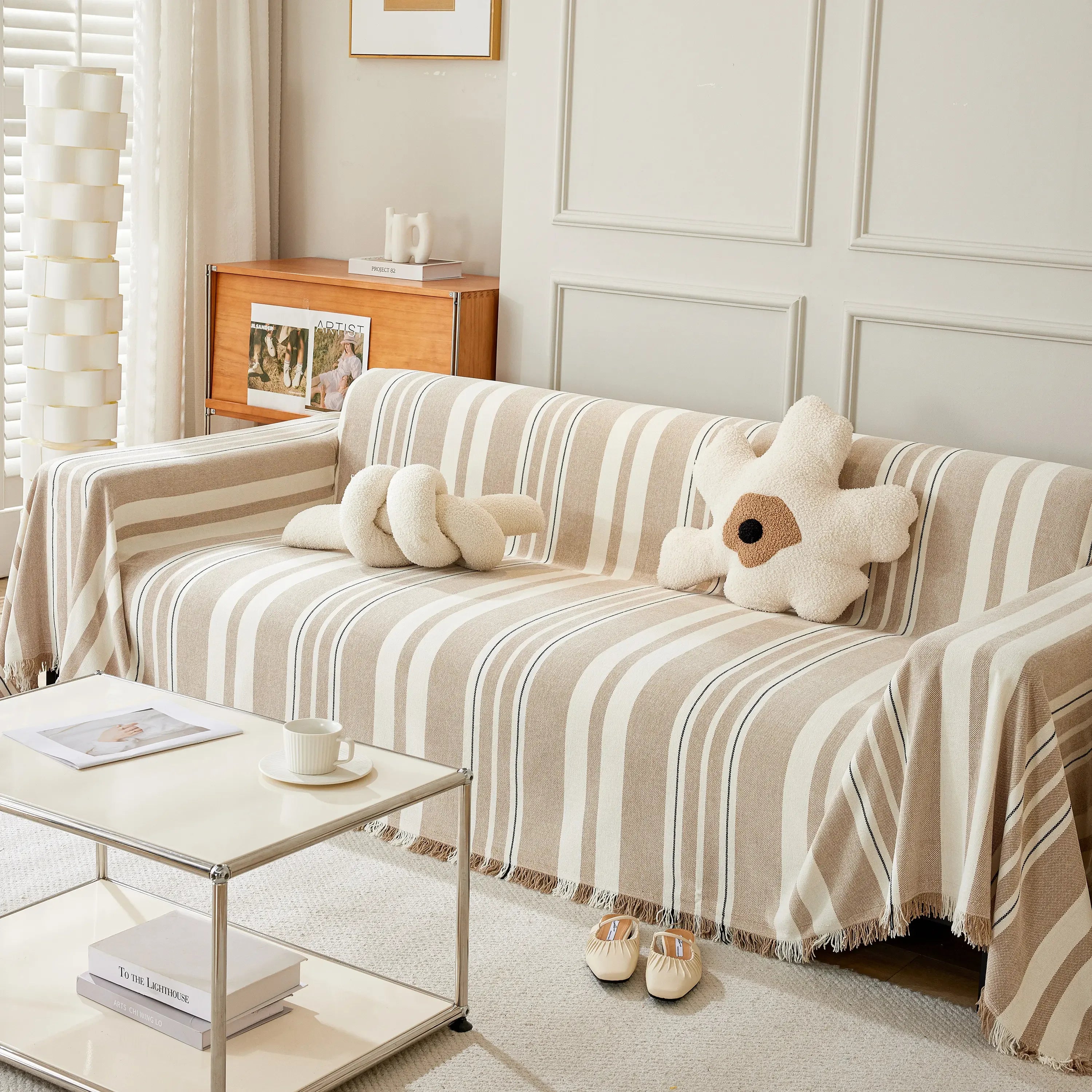 Striped Chenille Sofa Slipcover Throw, Soft Thick Washable Couch Cover Blanket - TaroTextile