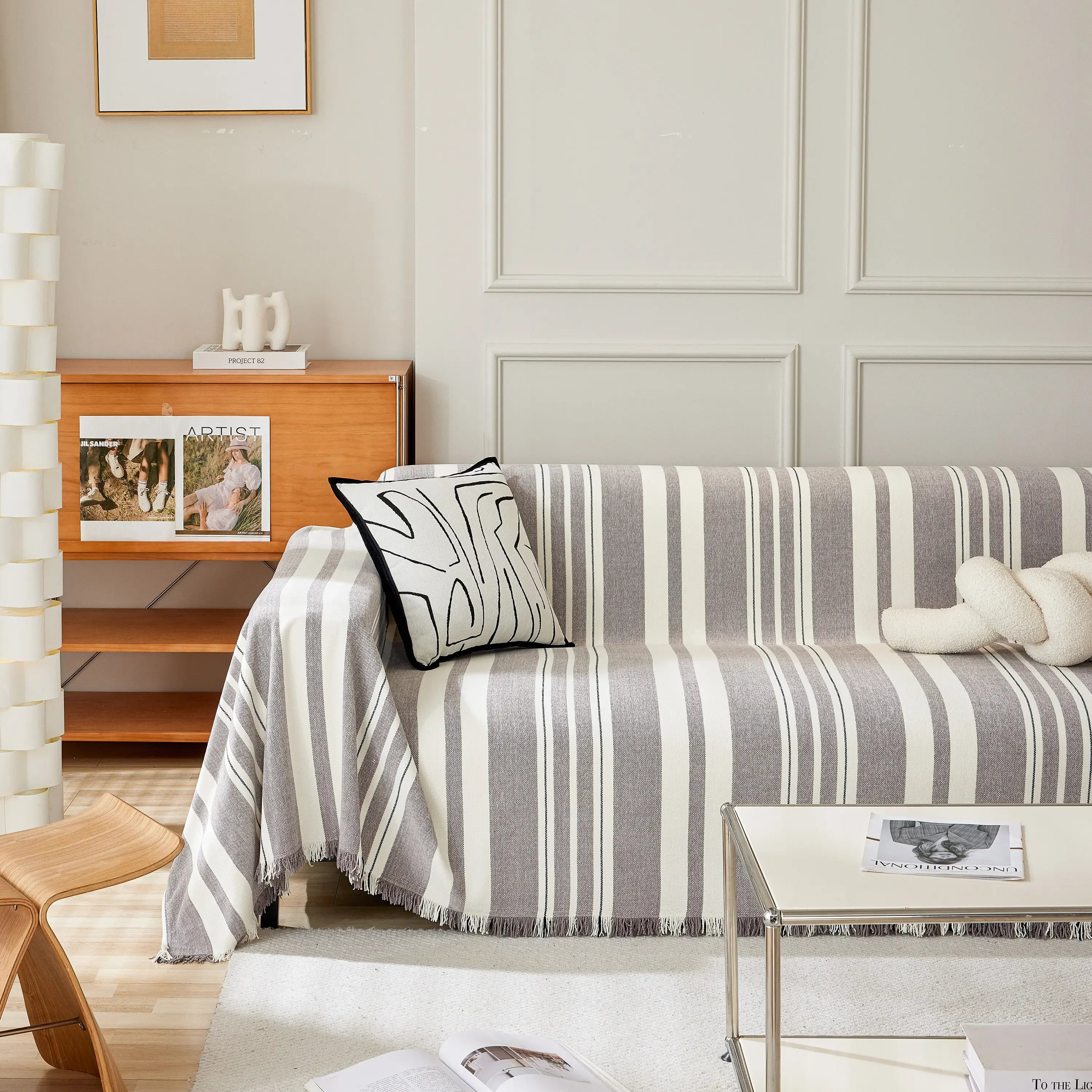 Striped Chenille Sofa Slipcover Throw, Soft Thick Washable Couch Cover Blanket - TaroTextile