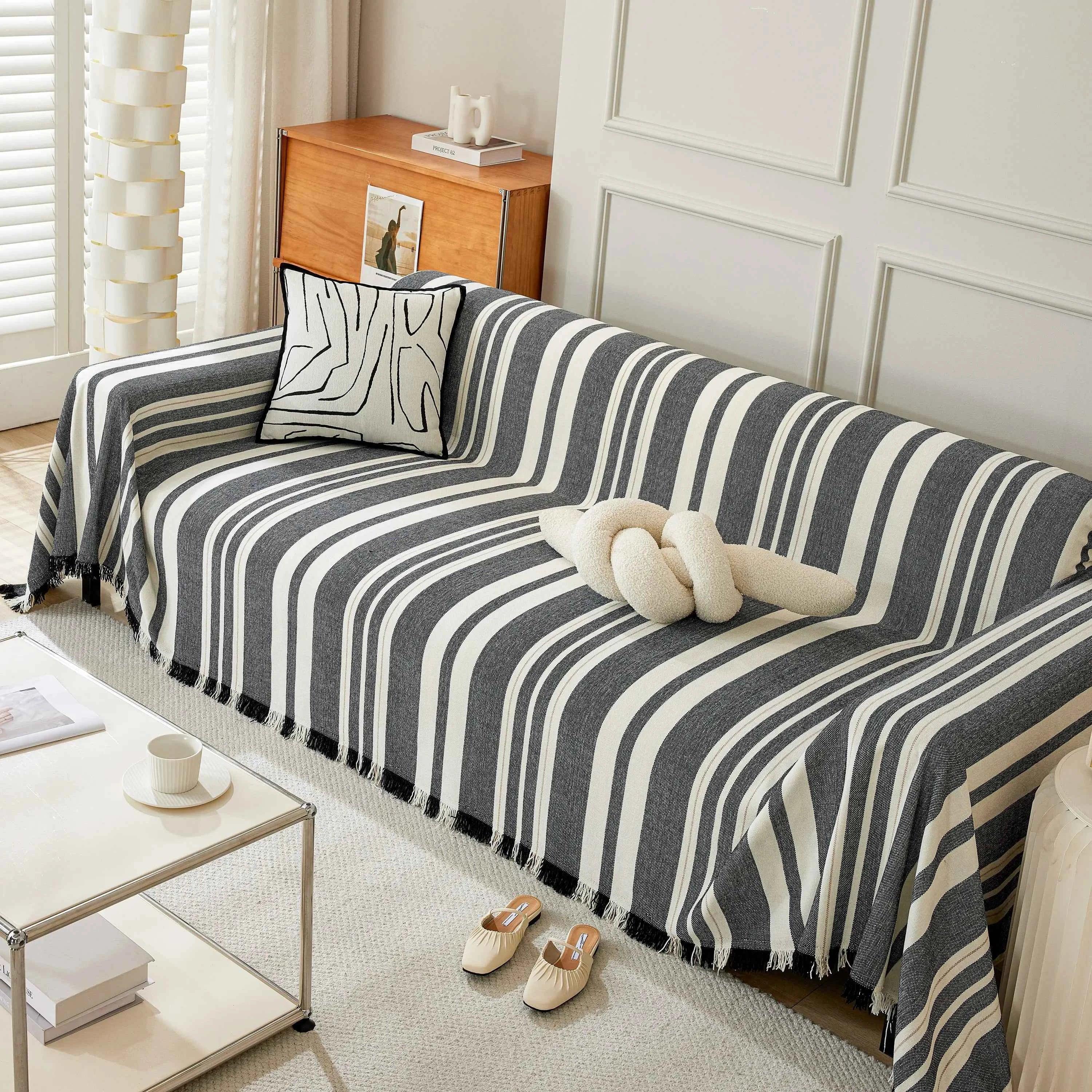 Striped Chenille Sofa Slipcover Throw, Soft Thick Washable Couch Cover Blanket - TaroTextile