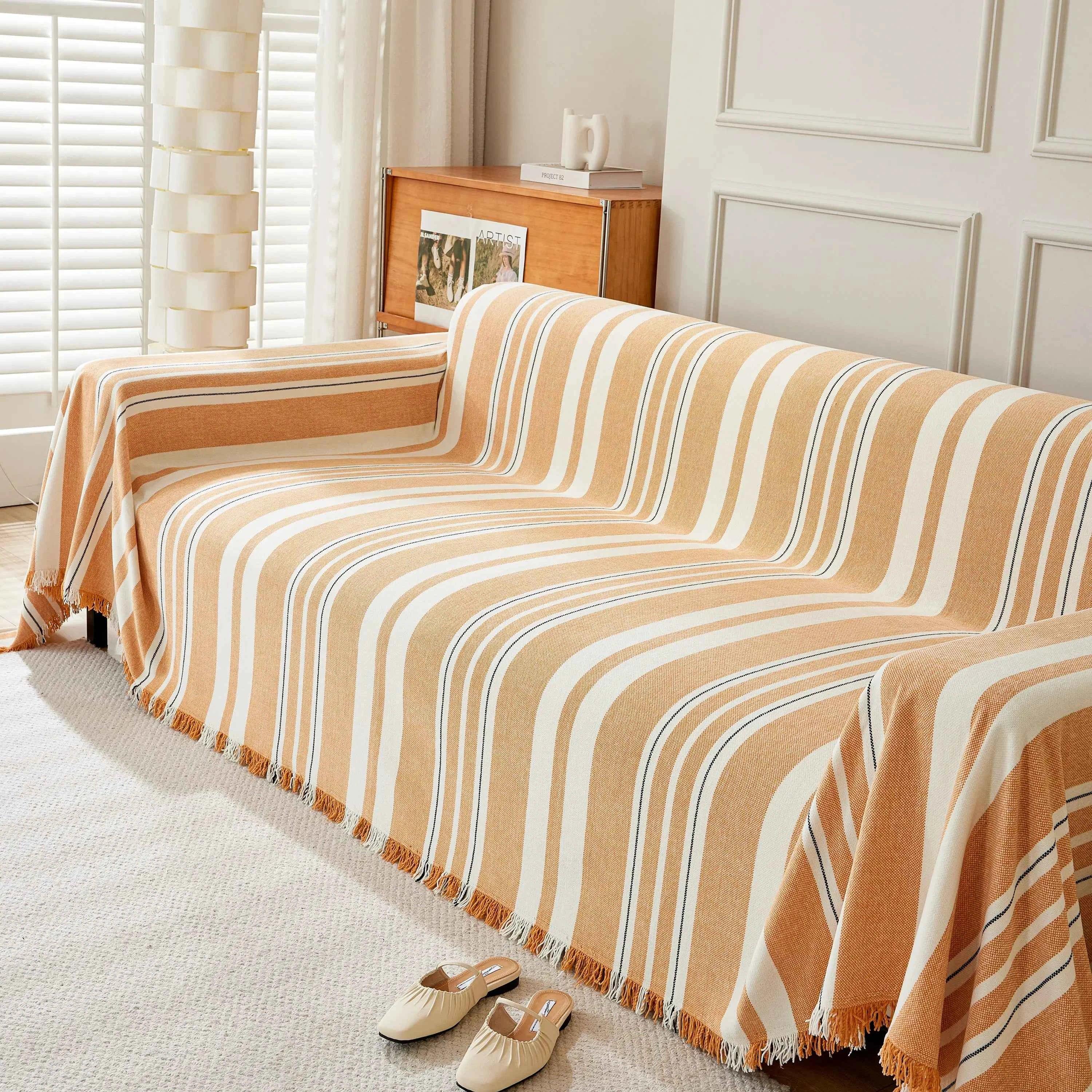 Striped Chenille Sofa Slipcover Throw, Soft Thick Washable Couch Cover Blanket - TaroTextile