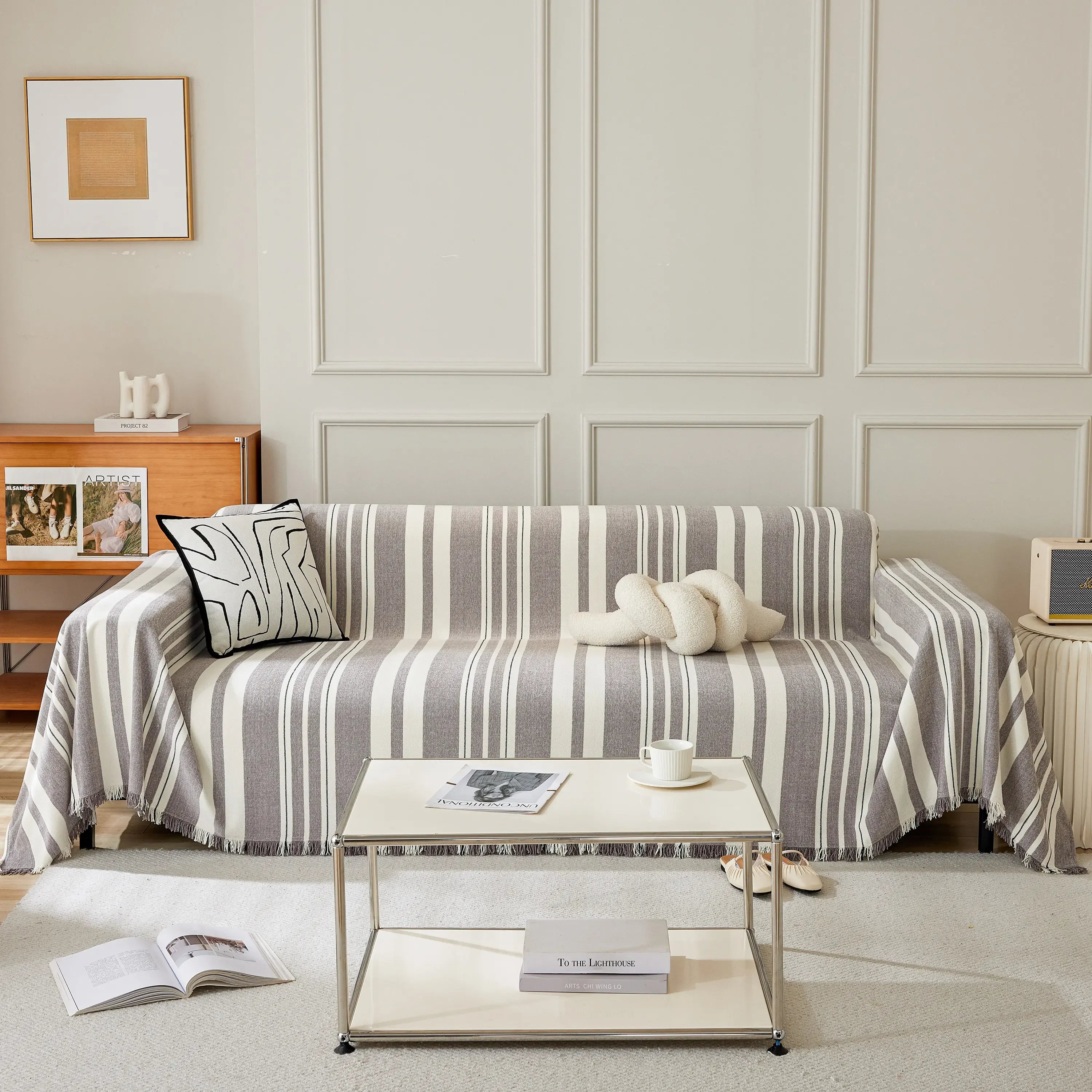 Striped Chenille Sofa Slipcover Throw, Soft Thick Washable Couch Cover Blanket - TaroTextile