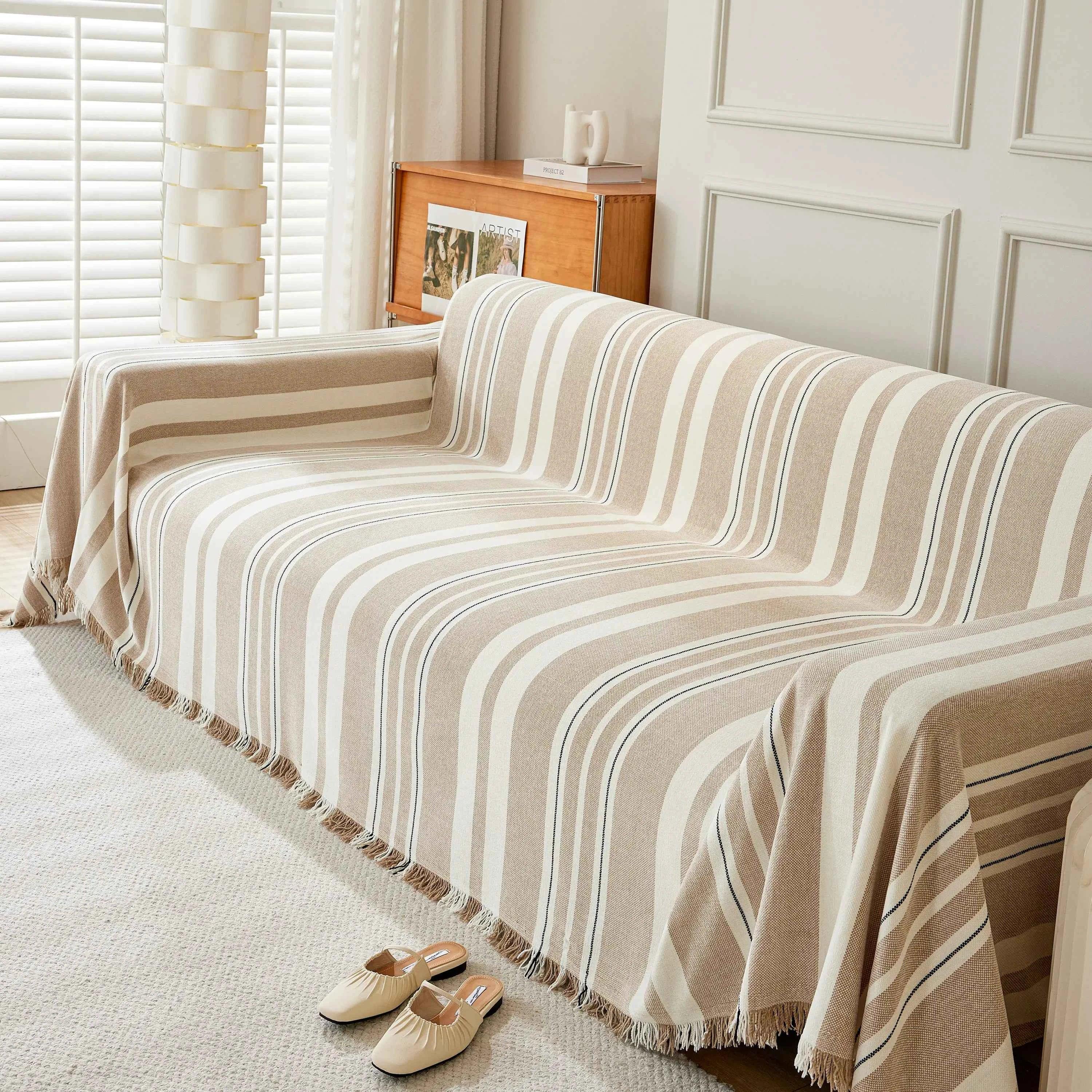 Striped Chenille Sofa Slipcover Throw, Soft Thick Washable Couch Cover Blanket - TaroTextile
