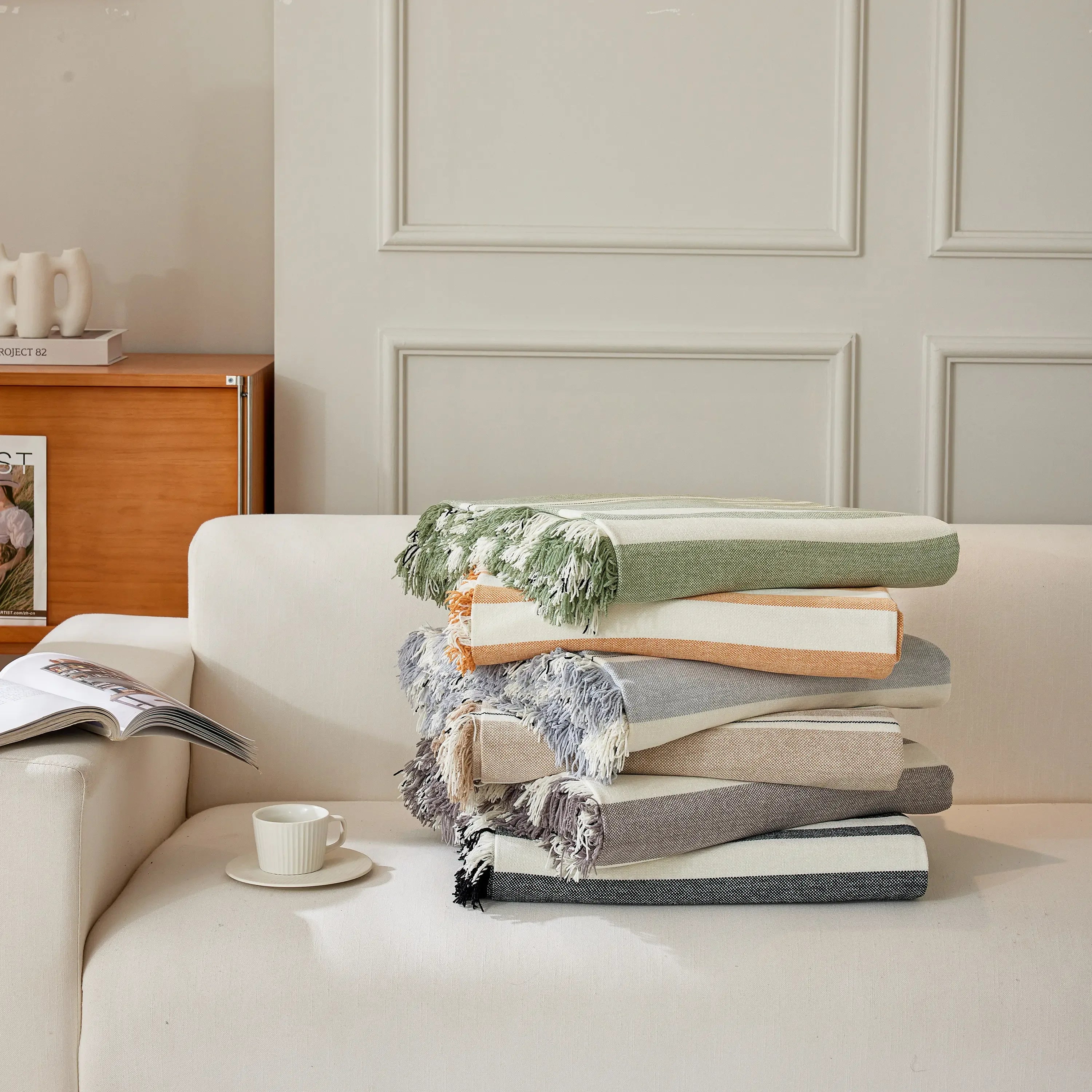 Striped Chenille Sofa Slipcover Throw, Soft Thick Washable Couch Cover Blanket - TaroTextile