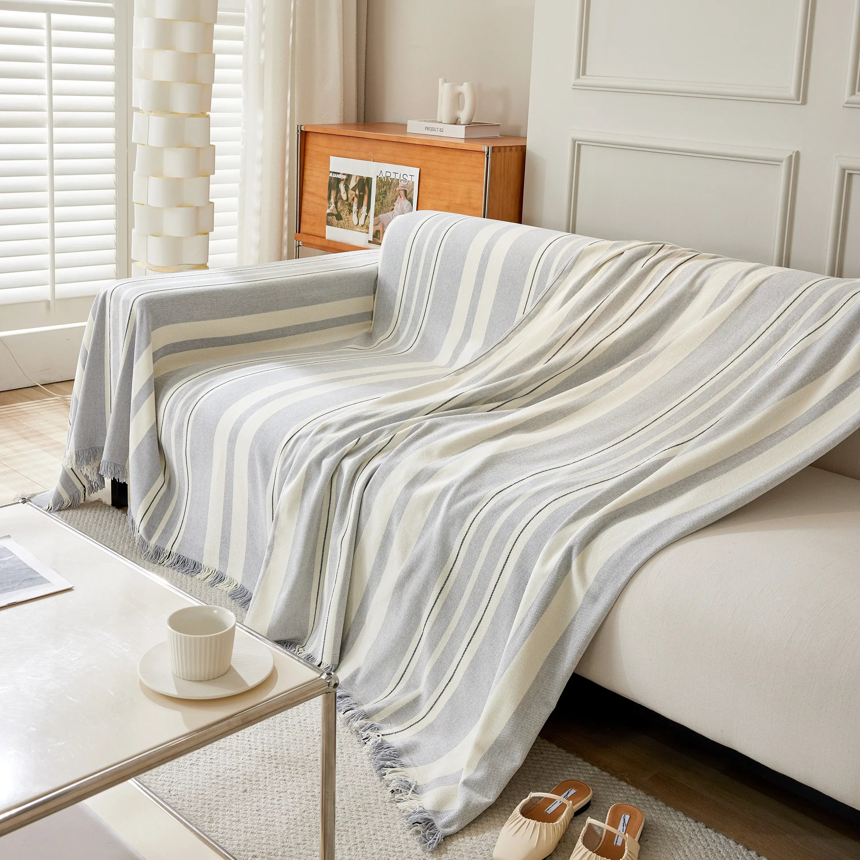 Striped Chenille Sofa Slipcover Throw, Soft Thick Washable Couch Cover Blanket - TaroTextile