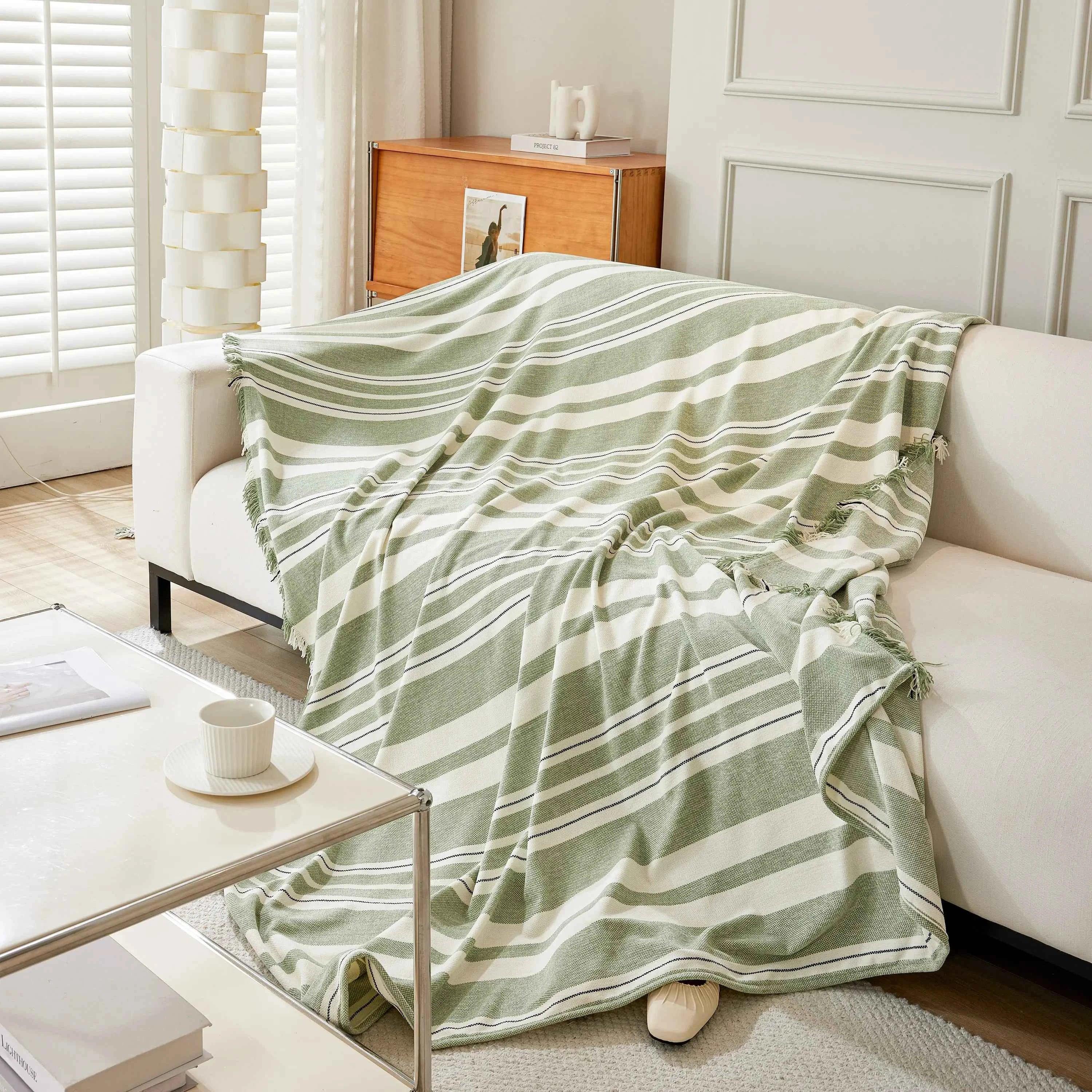 Striped Chenille Sofa Slipcover Throw, Soft Thick Washable Couch Cover Blanket - TaroTextile