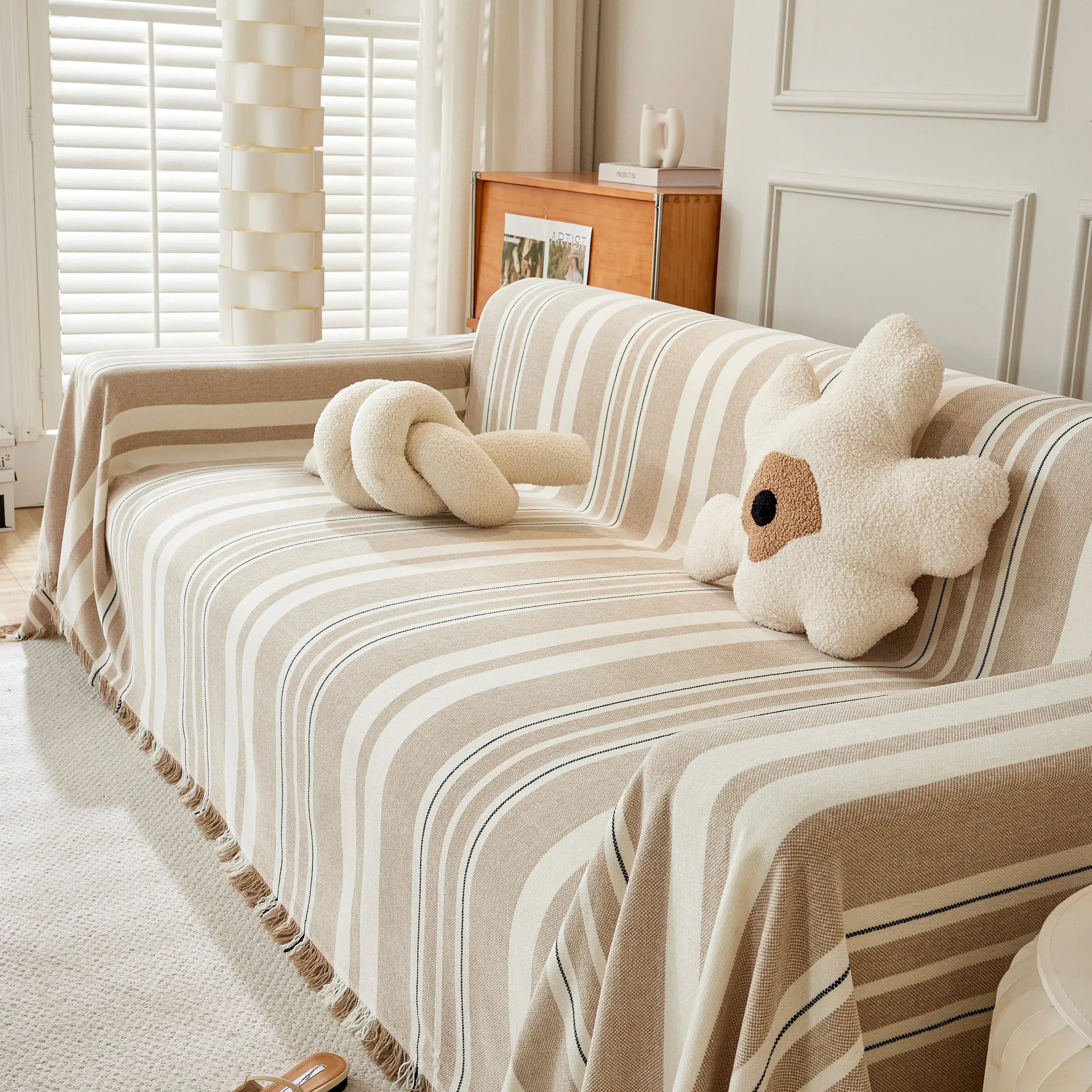 Striped Chenille Sofa Slipcover Throw, Soft Thick Washable Couch Cover Blanket - TaroTextile