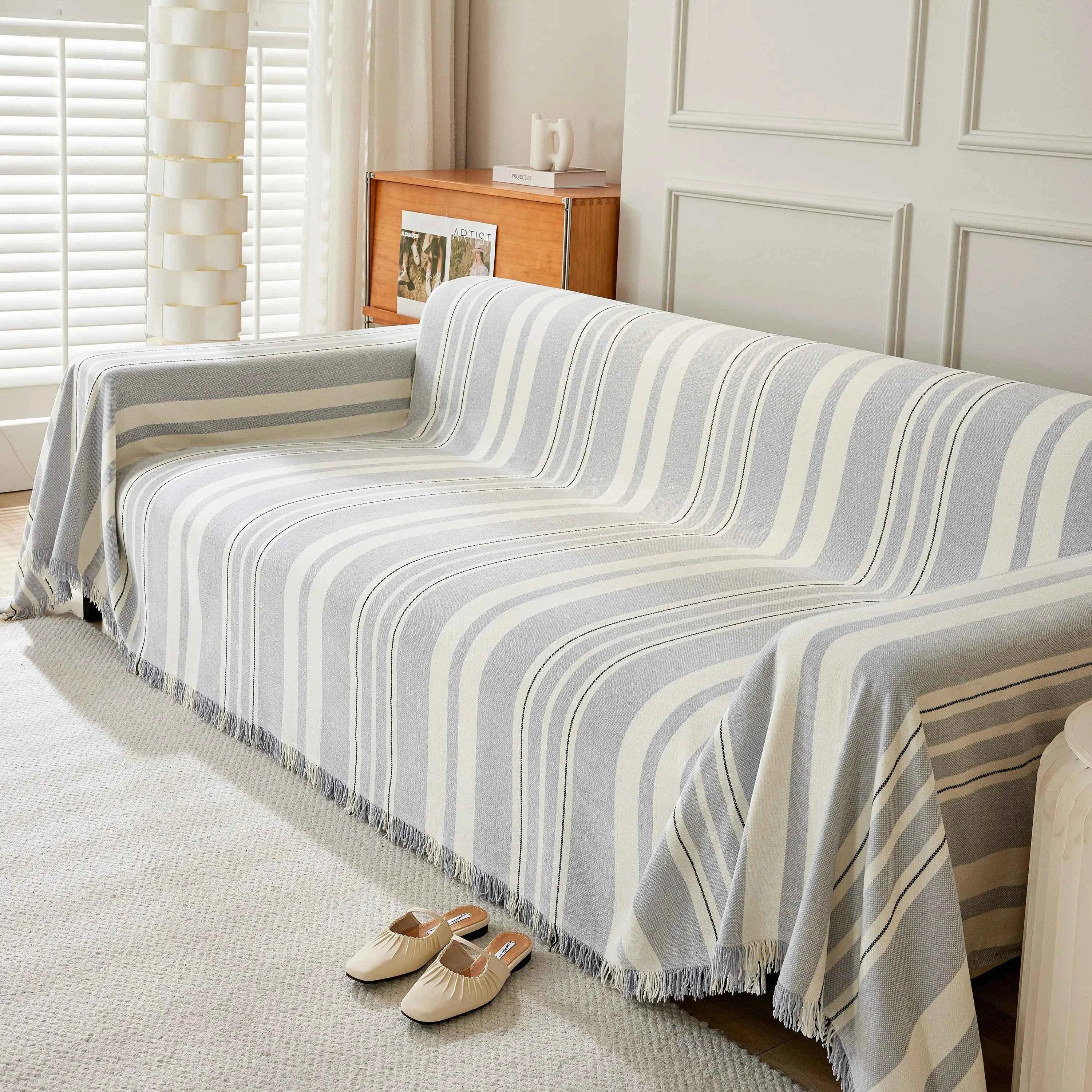 Striped Chenille Sofa Slipcover Throw, Soft Thick Washable Couch Cover Blanket - TaroTextile