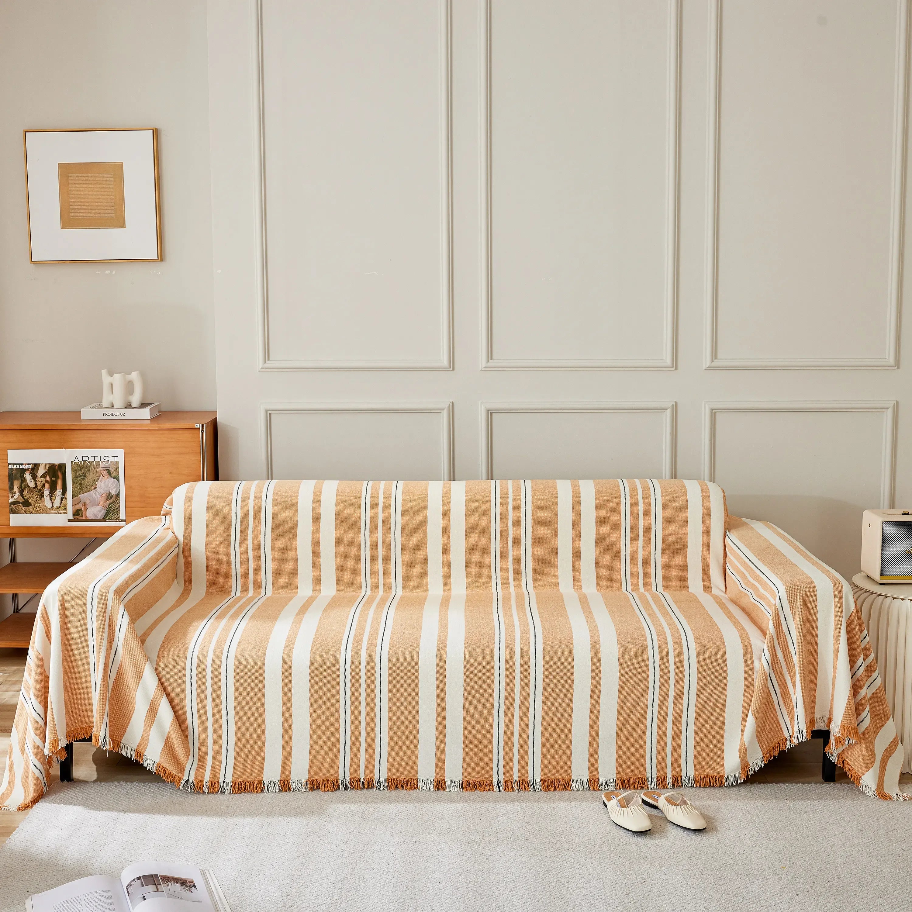 Striped Chenille Sofa Slipcover Throw, Soft Thick Washable Couch Cover Blanket - TaroTextile