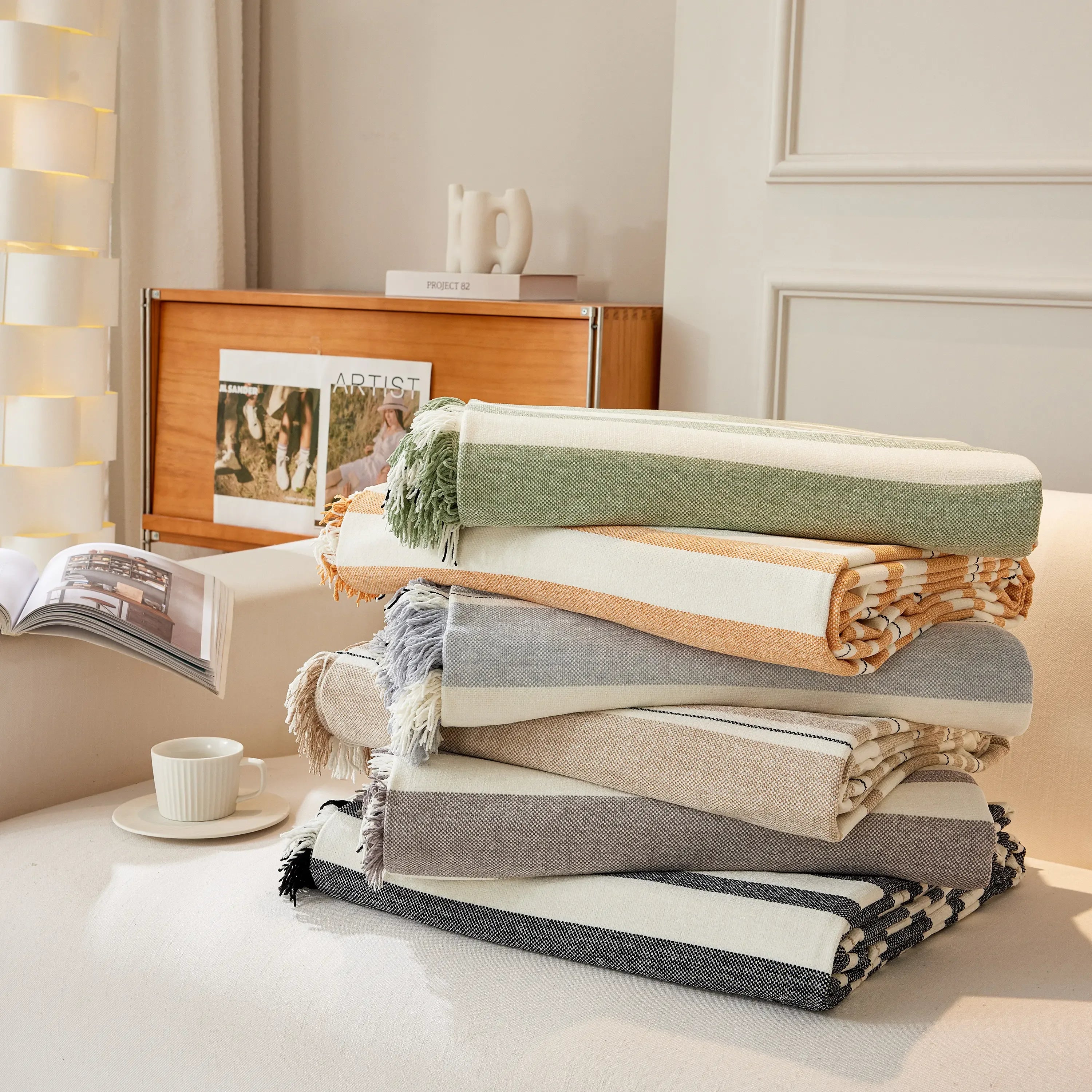 Striped Chenille Sofa Slipcover Throw, Soft Thick Washable Couch Cover Blanket - TaroTextile