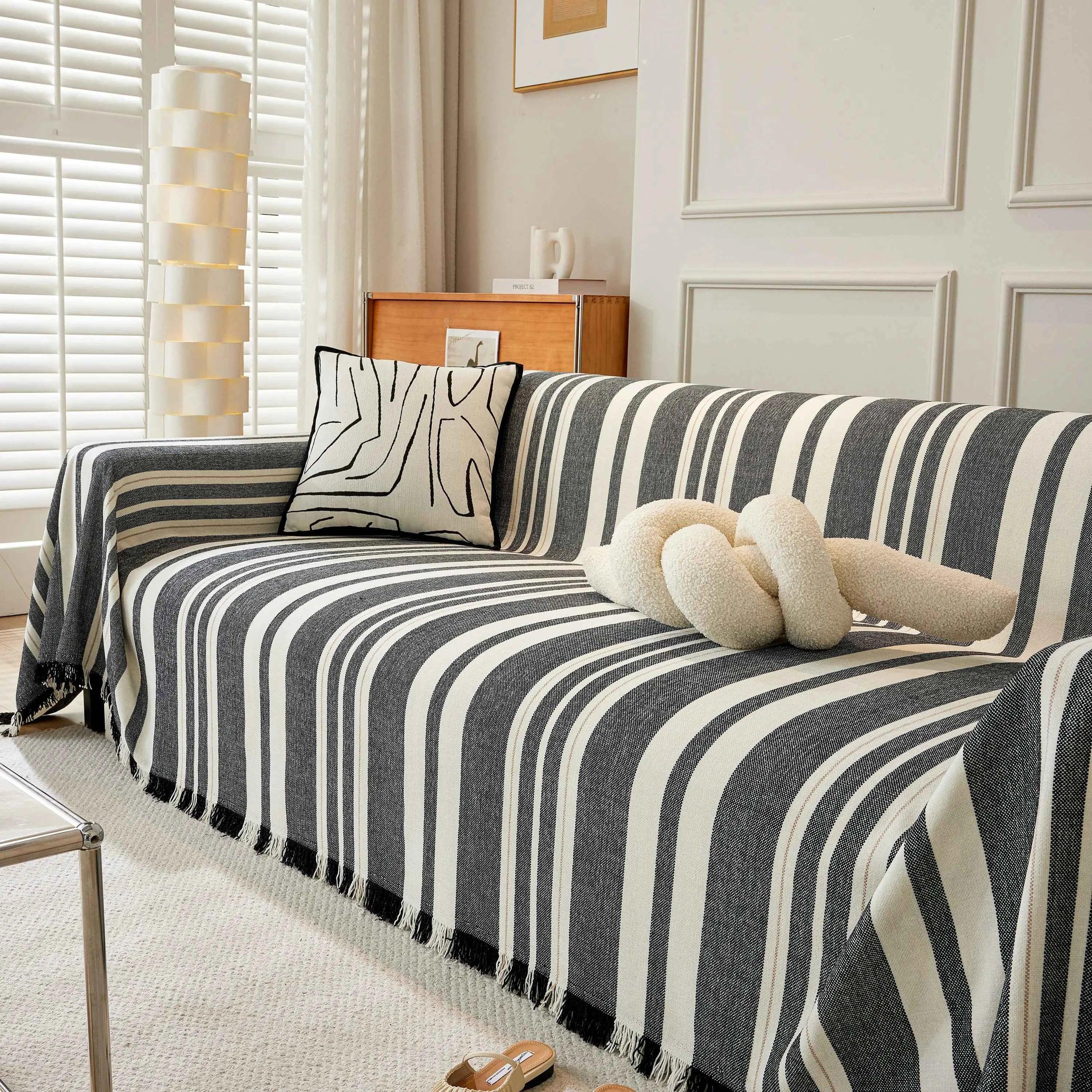 Striped Chenille Sofa Slipcover Throw, Soft Thick Washable Couch Cover Blanket - TaroTextile