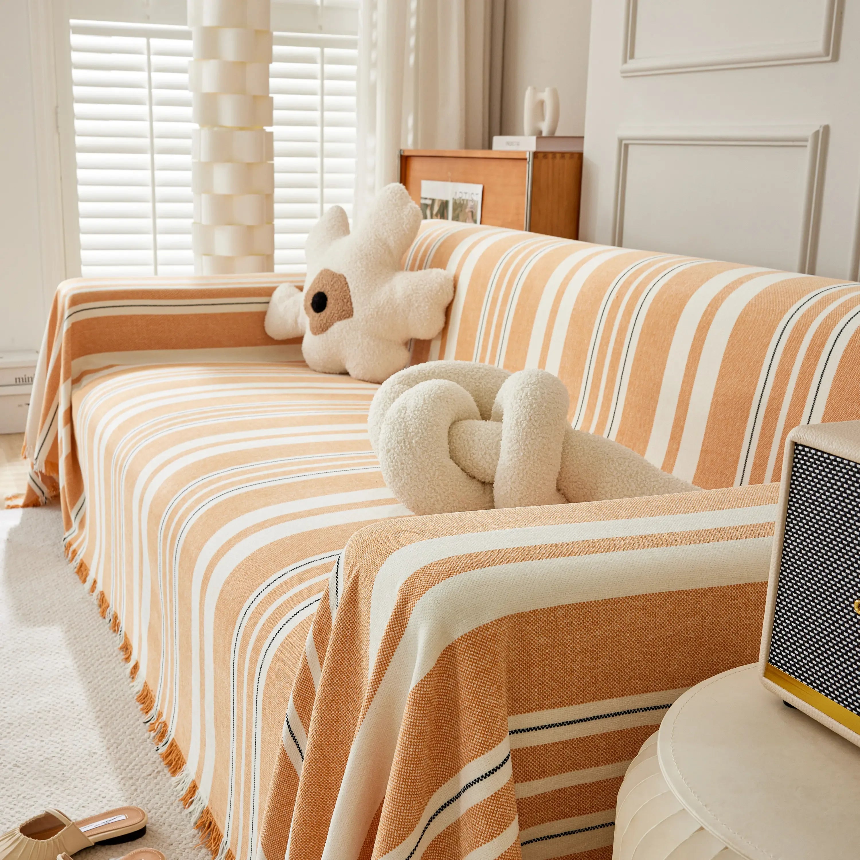 Striped Chenille Sofa Slipcover Throw, Soft Thick Washable Couch Cover Blanket - TaroTextile