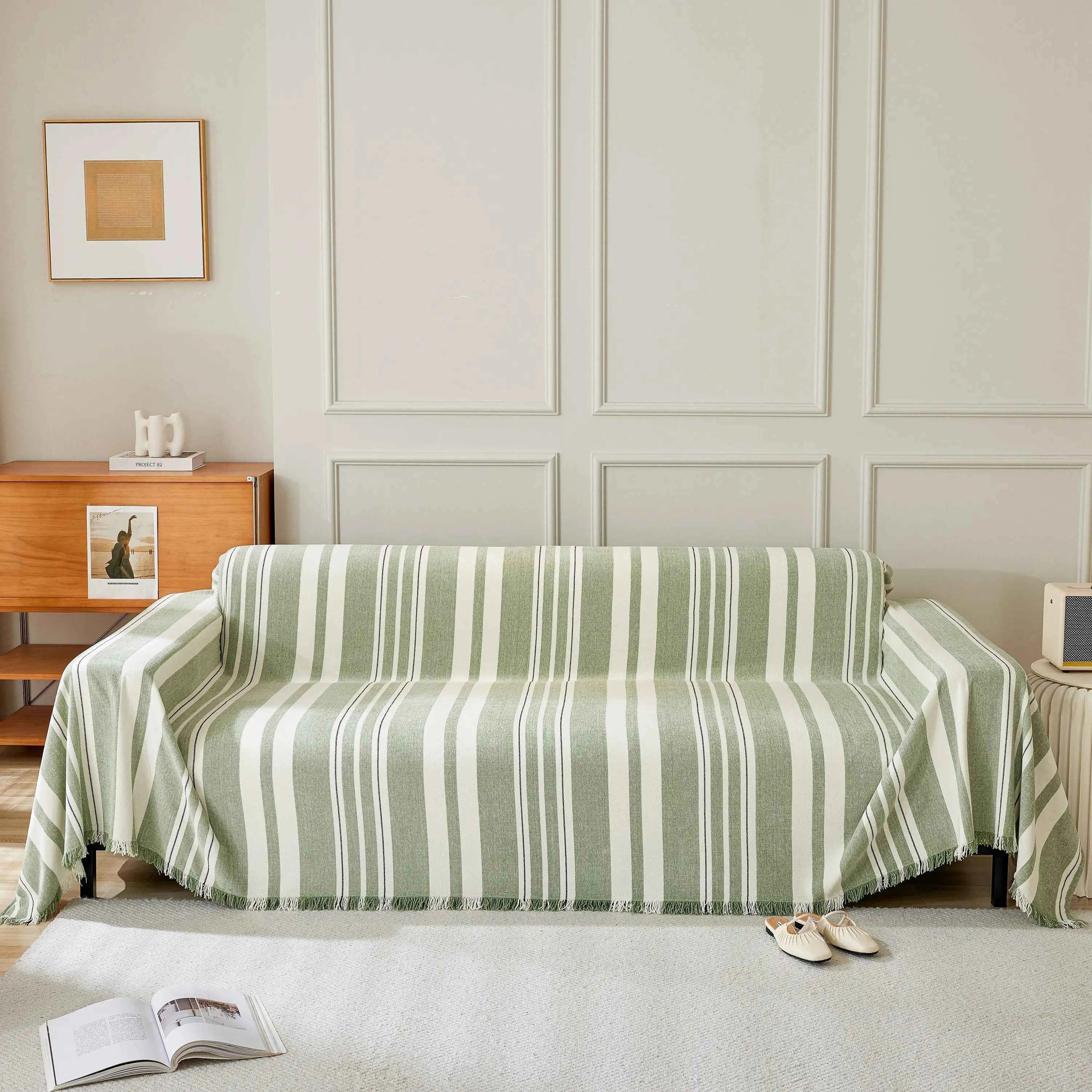Striped Chenille Sofa Slipcover Throw, Soft Thick Washable Couch Cover Blanket - TaroTextile