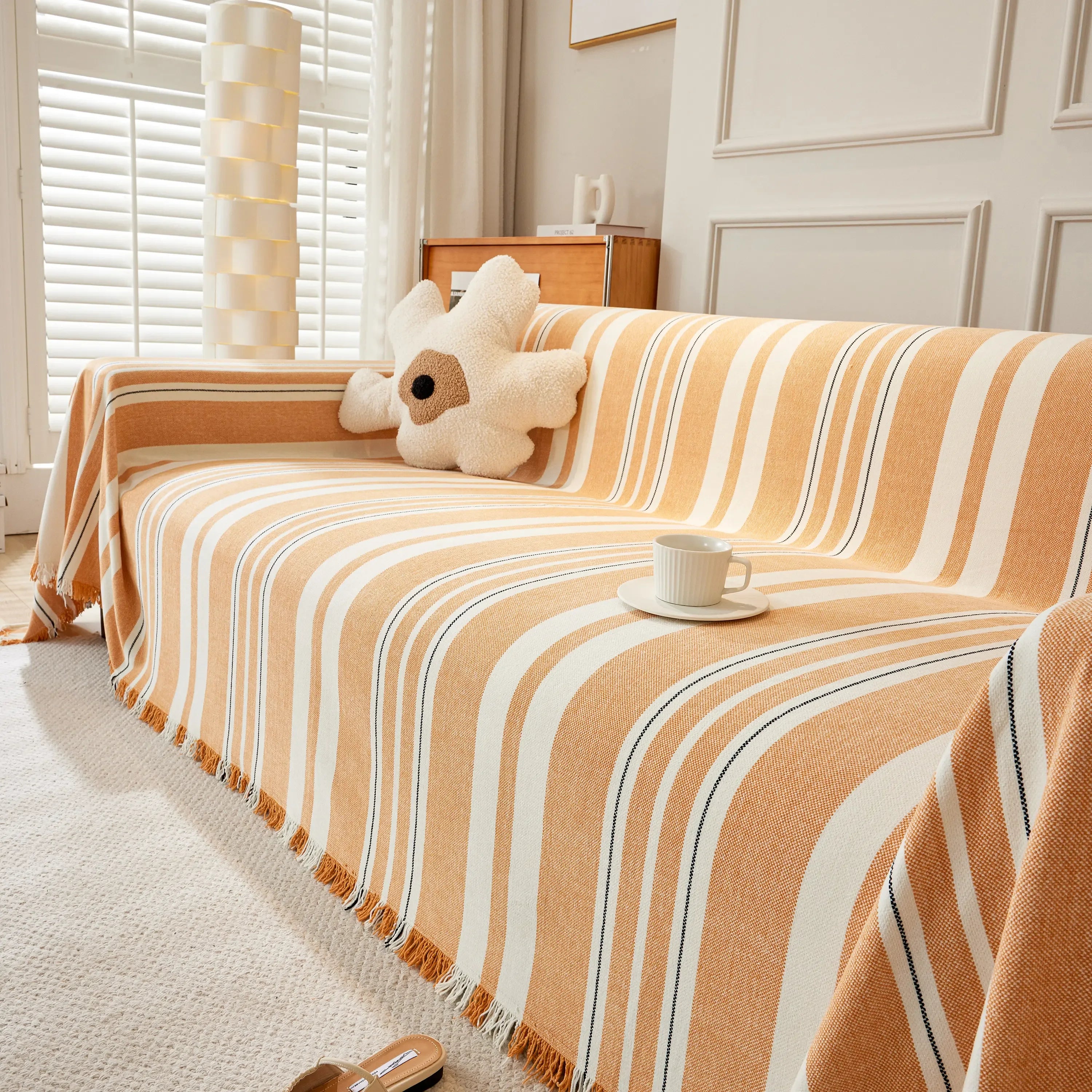 Striped Chenille Sofa Slipcover Throw, Soft Thick Washable Couch Cover Blanket - TaroTextile