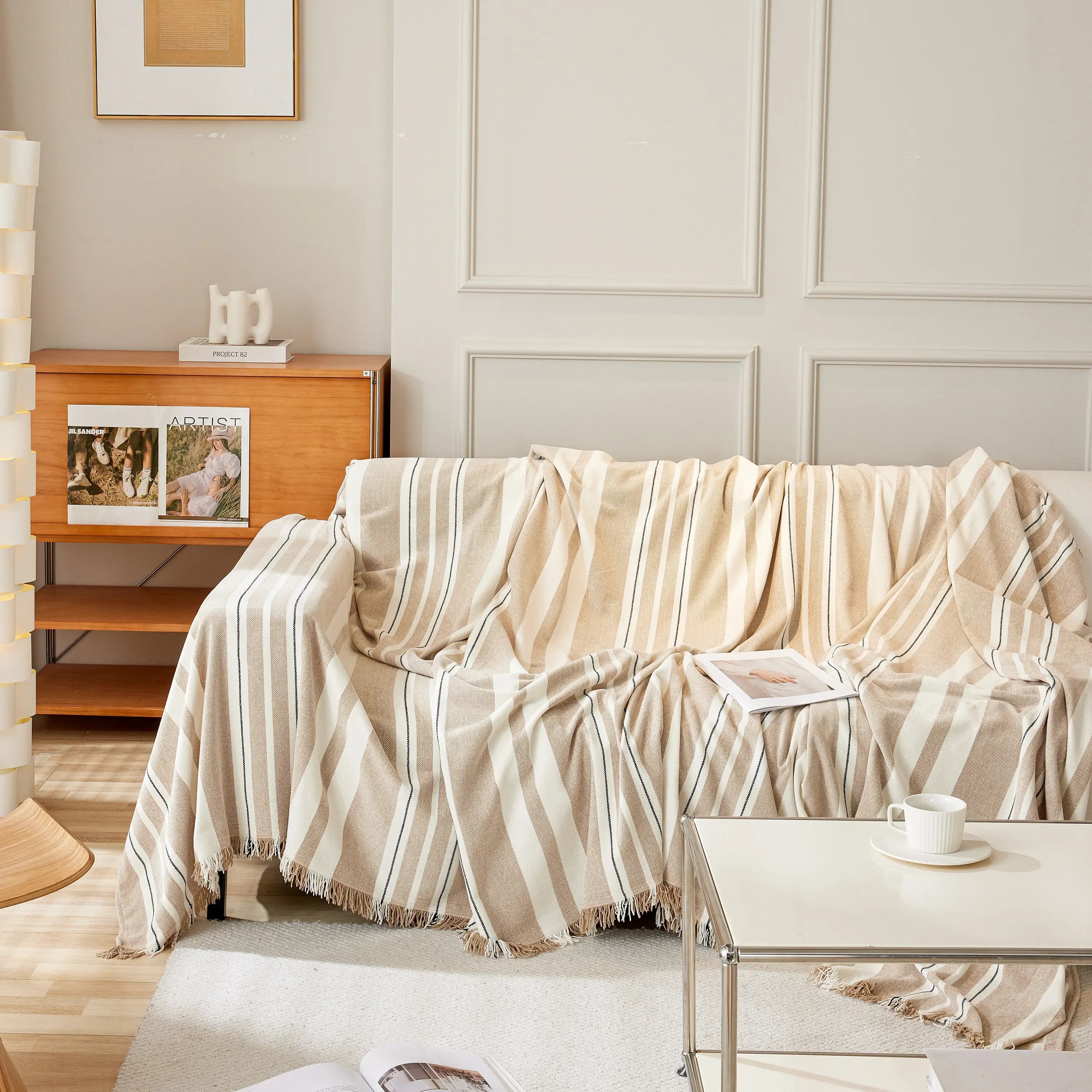 Striped Chenille Sofa Slipcover Throw, Soft Thick Washable Couch Cover Blanket - TaroTextile