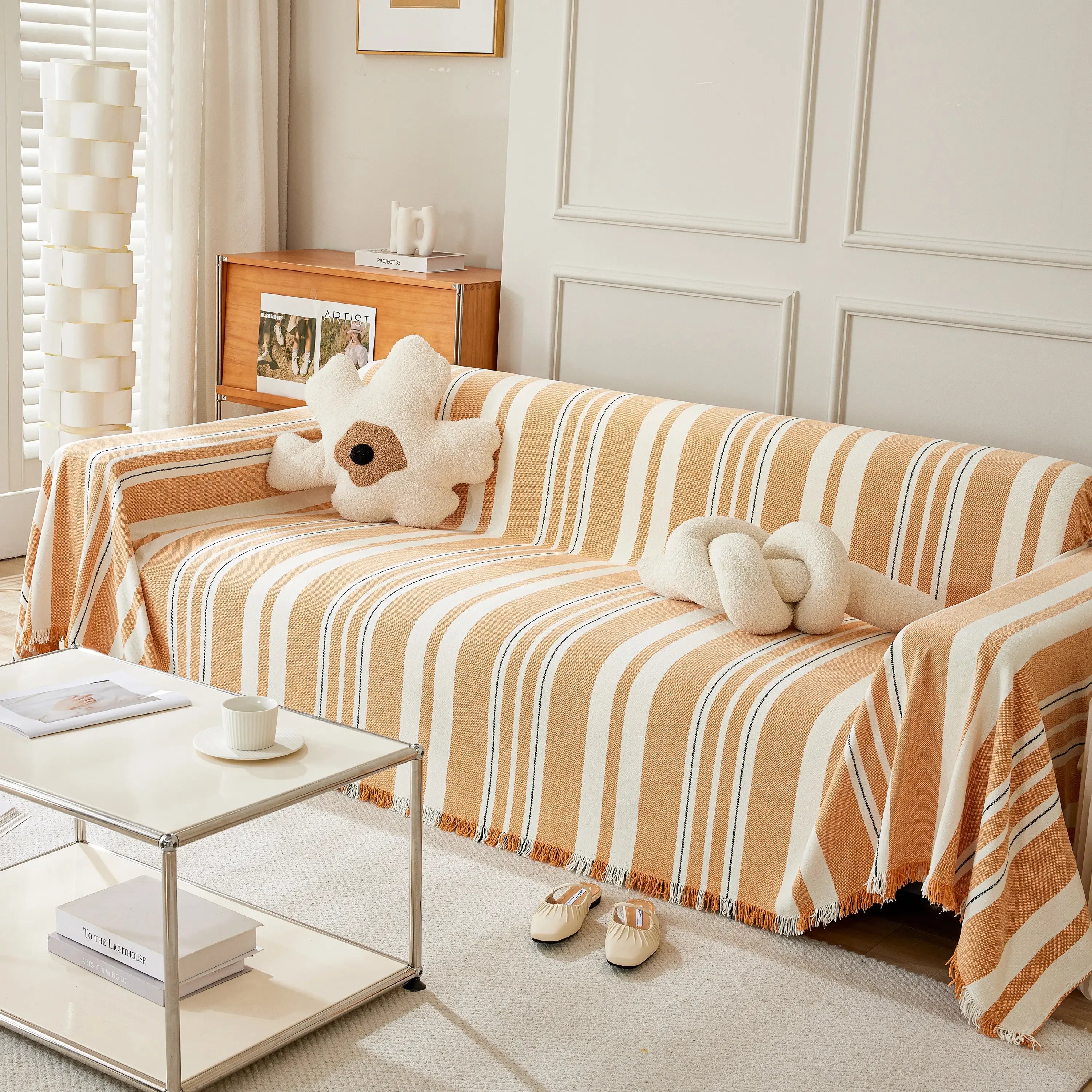 Striped Chenille Sofa Slipcover Throw, Soft Thick Washable Couch Cover Blanket - TaroTextile